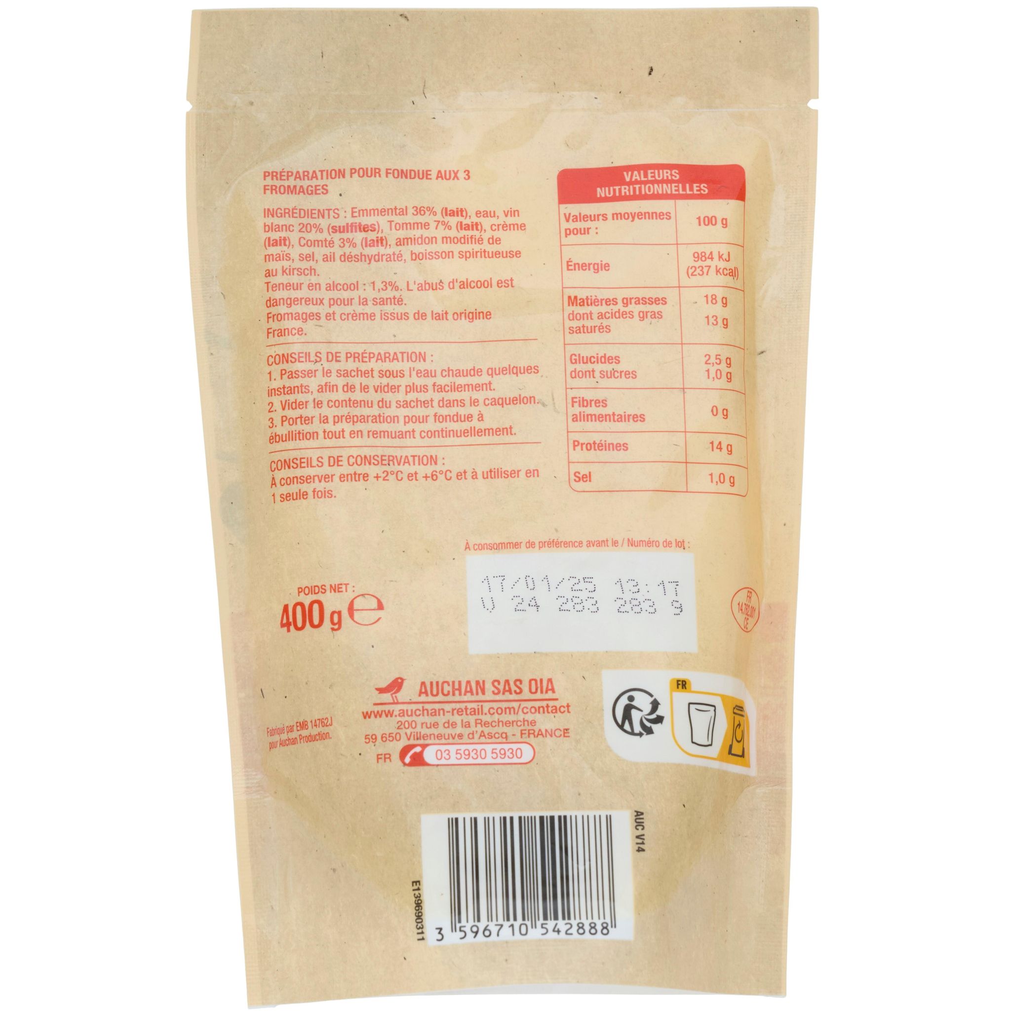 Voir la diapositive 3 : AUCHAN Fondue aux 3 Fromages 400g