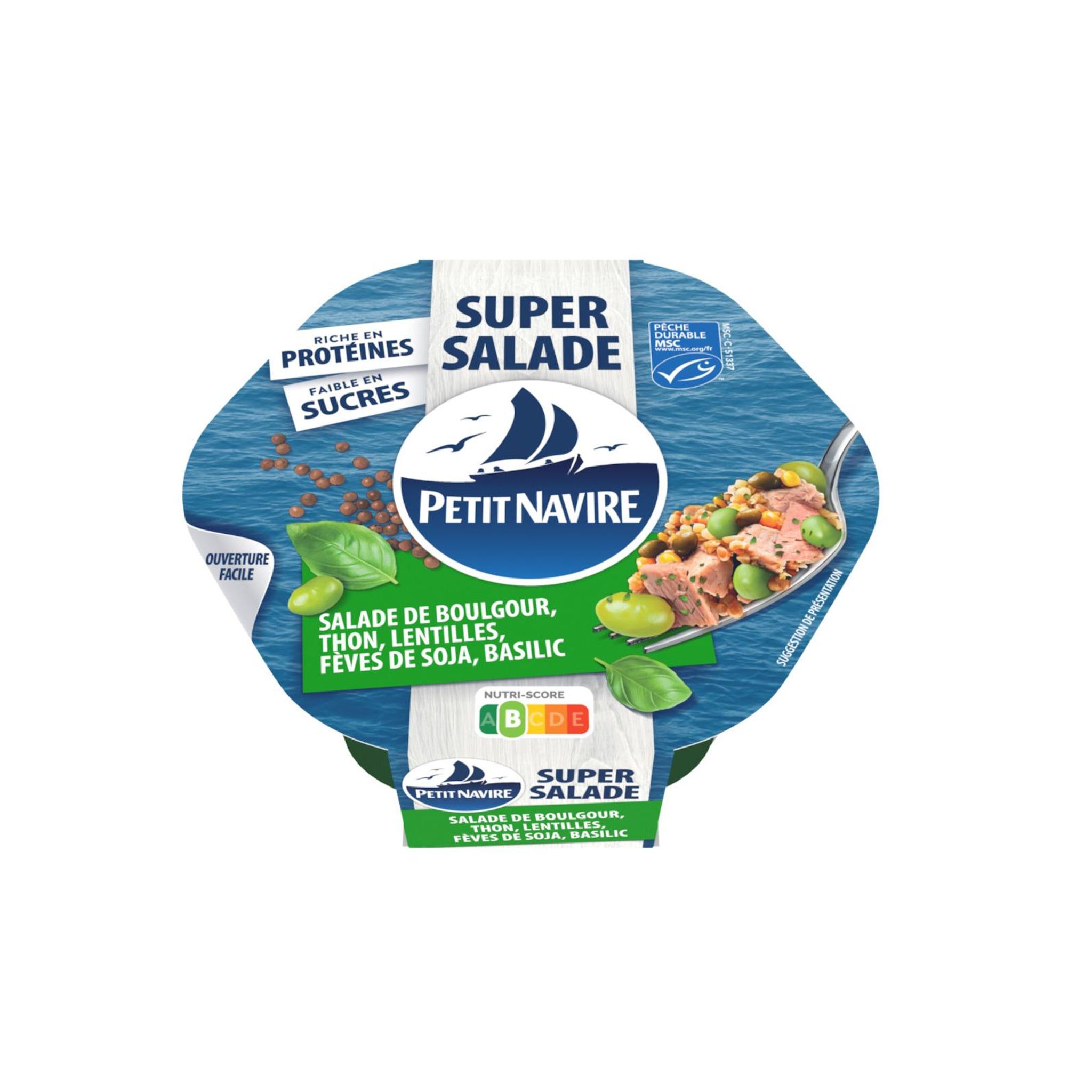 Voir la diapositive 2 : PETIT NAVIRE Super salade de boulgour thon lentilles fèves de soja et basilic 220g