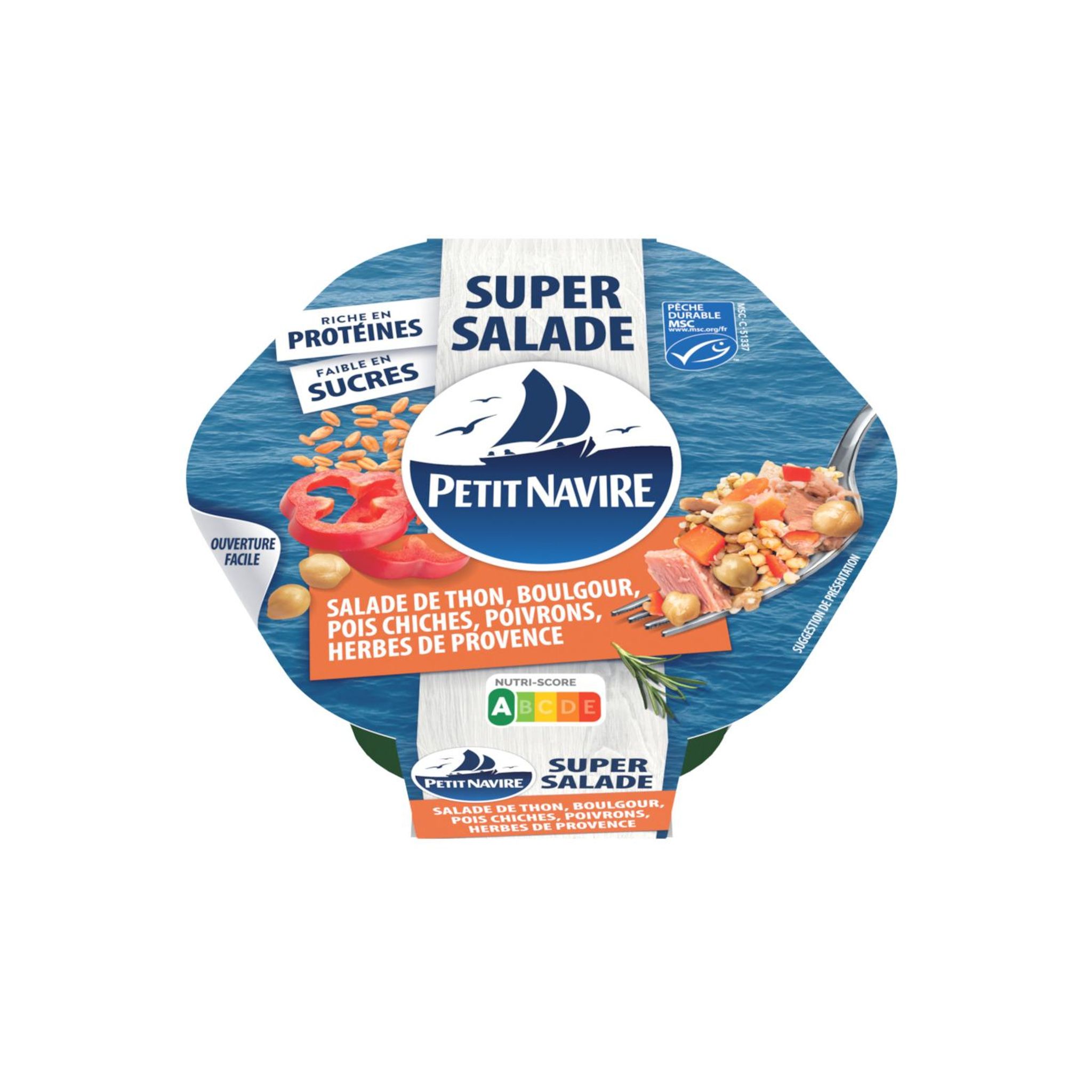 Voir la diapositive 2 : PETIT NAVIRE Super salade de thon boulgour pois chiches poivrons et herbes de Provence 220g