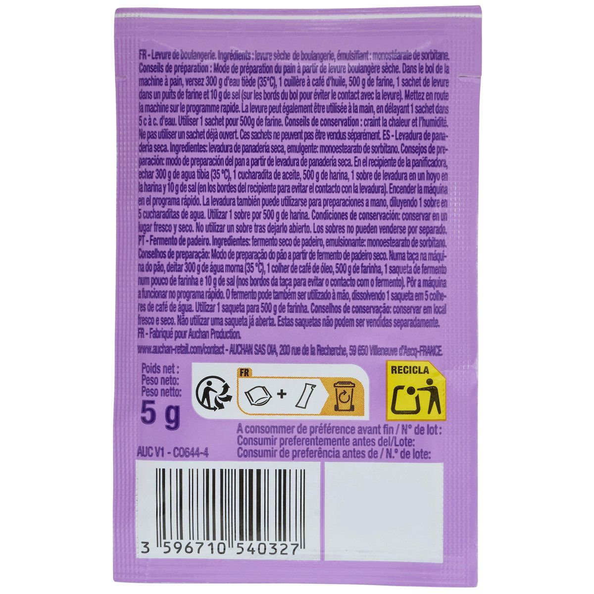 AUCHAN Levure de boulangerie pour pains et brioches Les Pâtissiers 6 sachets 30g