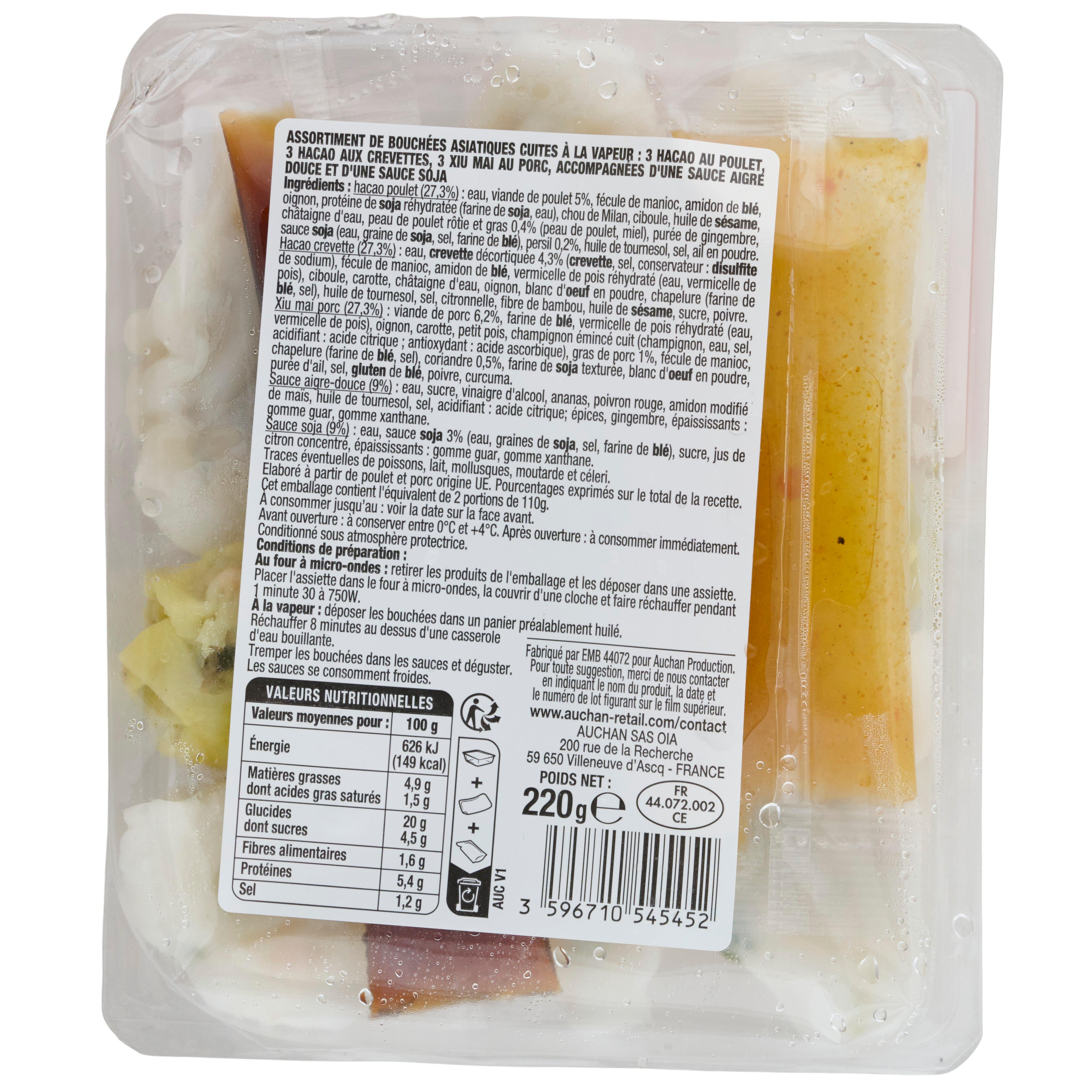 Voir la diapositive 2 : AUCHAN Assortiment de 9 bouchées vapeur 9 pièces 220g