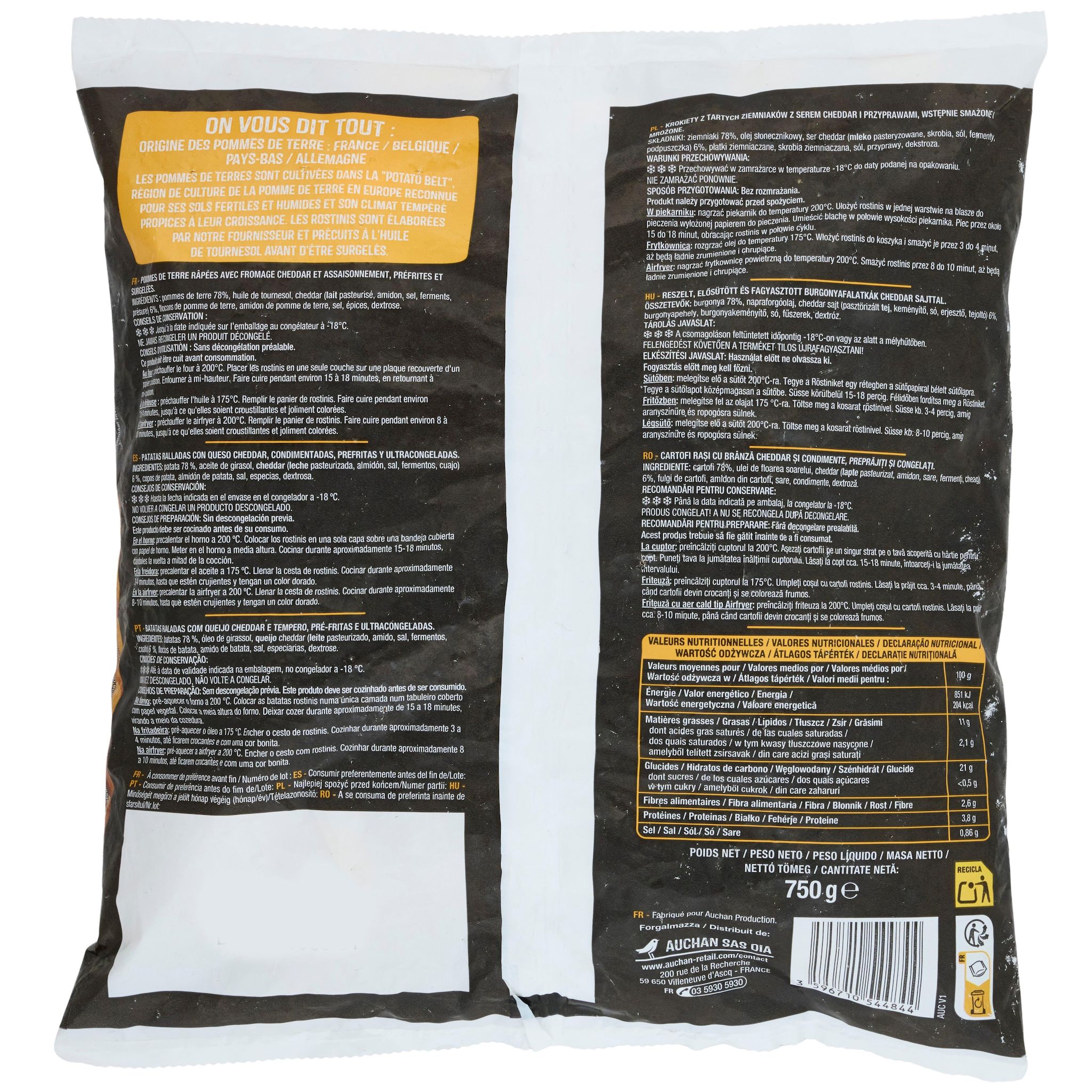 Voir la diapositive 3 : AUCHAN Rostinis au cheddar 750g