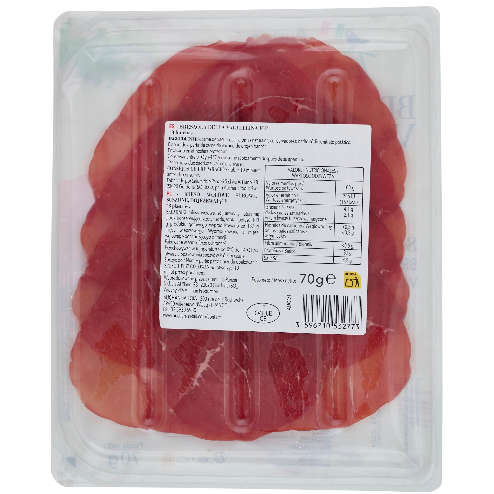 Voir la diapositive 2 : AUCHAN TAVOLA IN ITALIA Bresaola della valtellina IGP 8 tranches 70g
