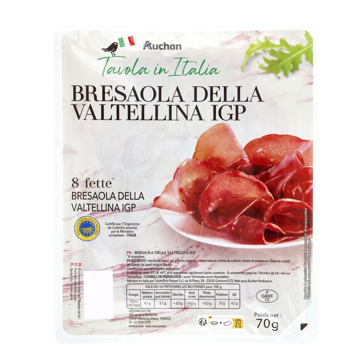 AUCHAN TAVOLA IN ITALIA Bresaola della valtellina IGP 8 tranches 70g