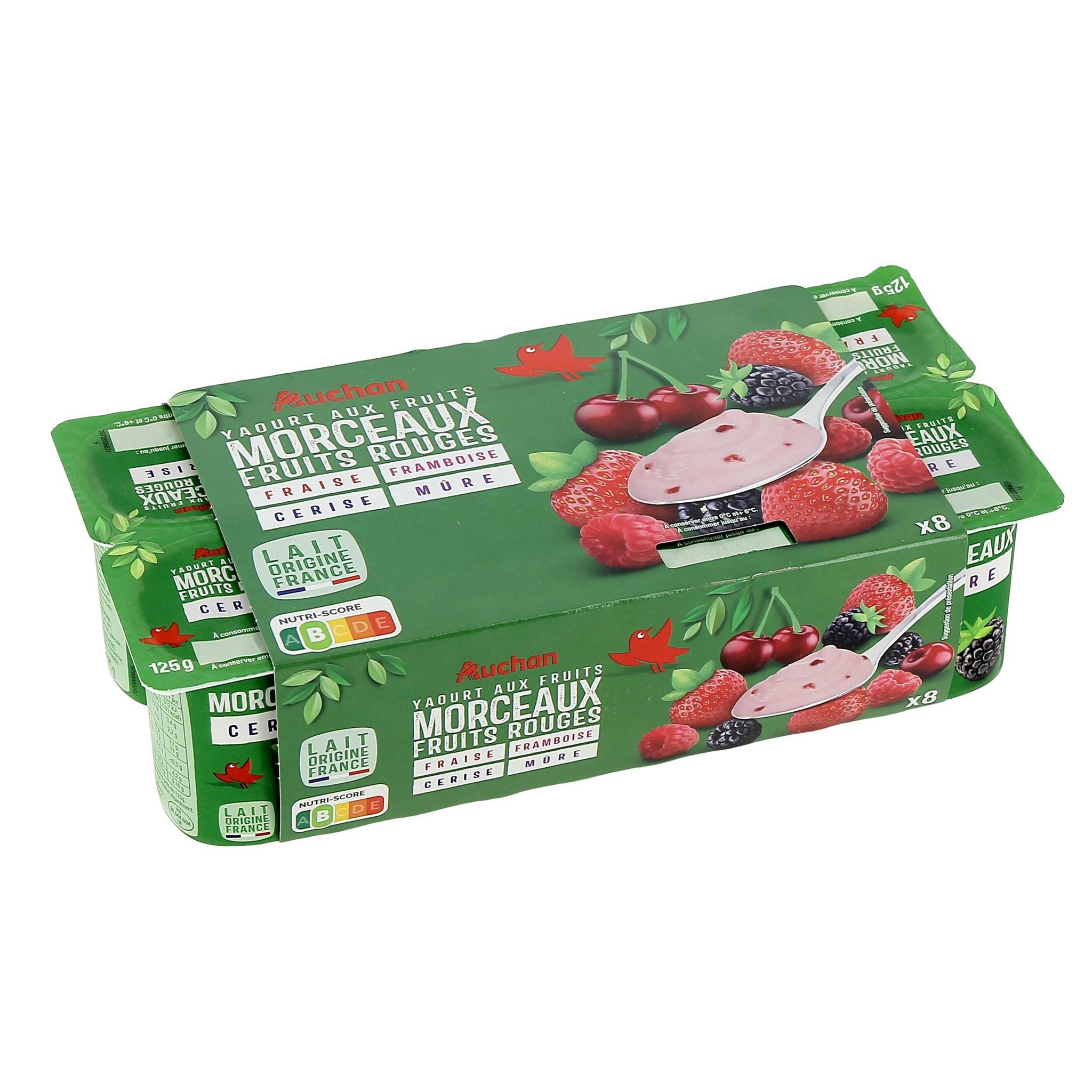 Voir la diapositive 2 : AUCHAN Yaourt aux fruits rouges fraise framboise cerise mûre avec morceaux 8x125g
