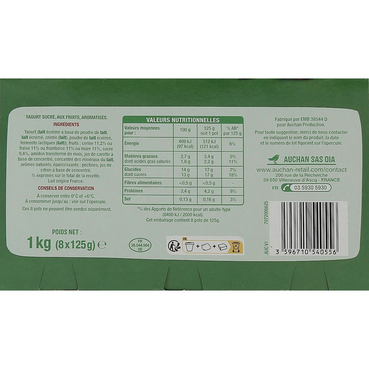 AUCHAN Yaourt aux fruits rouges fraise framboise cerise mûre avec morceaux 8x125g