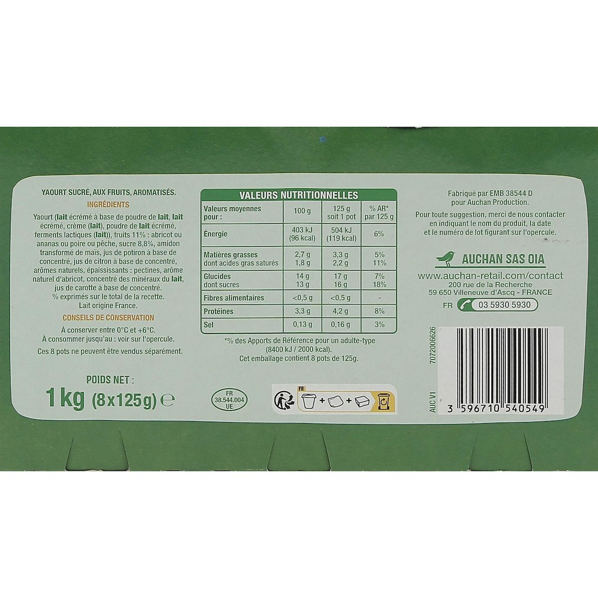 AUCHAN Yaourt aux fruits jaunes pêche abricot ananas poire avec morceaux 8x125g