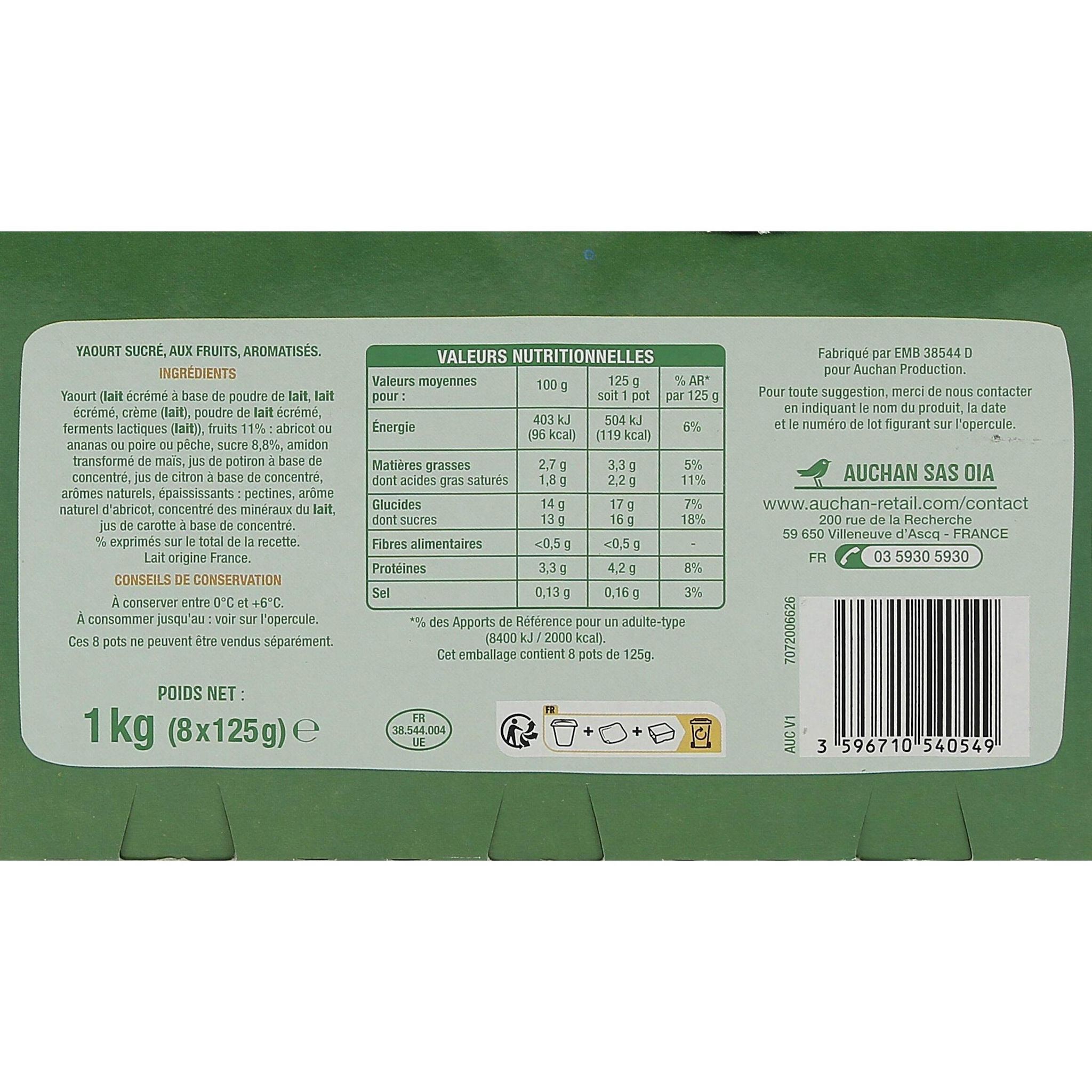 Voir la diapositive 2 : AUCHAN Yaourt aux fruits jaunes pêche abricot ananas poire avec morceaux 8x125g