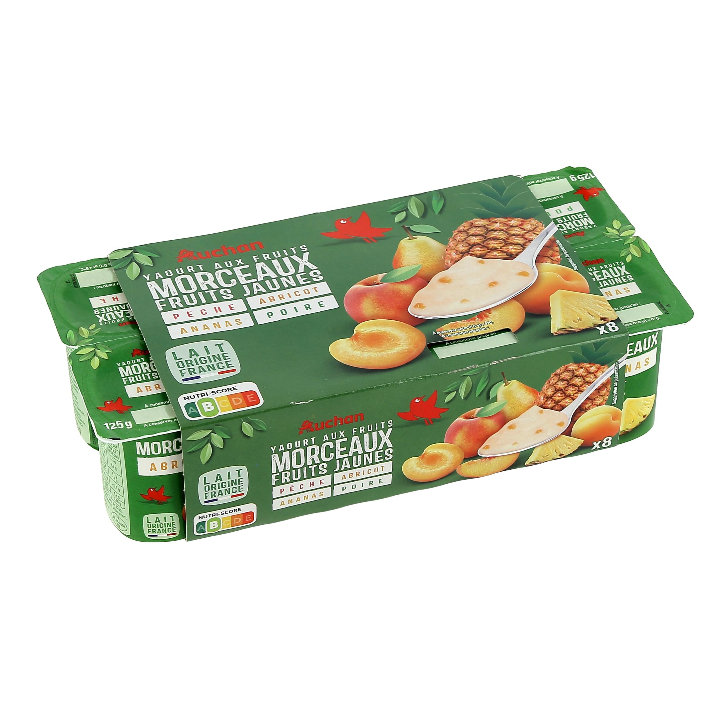 Voir la diapositive 3 : AUCHAN Yaourt aux fruits jaunes pêche abricot ananas poire avec morceaux 8x125g