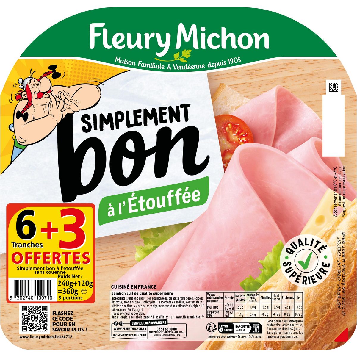FLEURY MICHON Jambon simplement bon sans couenne 6 tranches + 3 offertes 360g