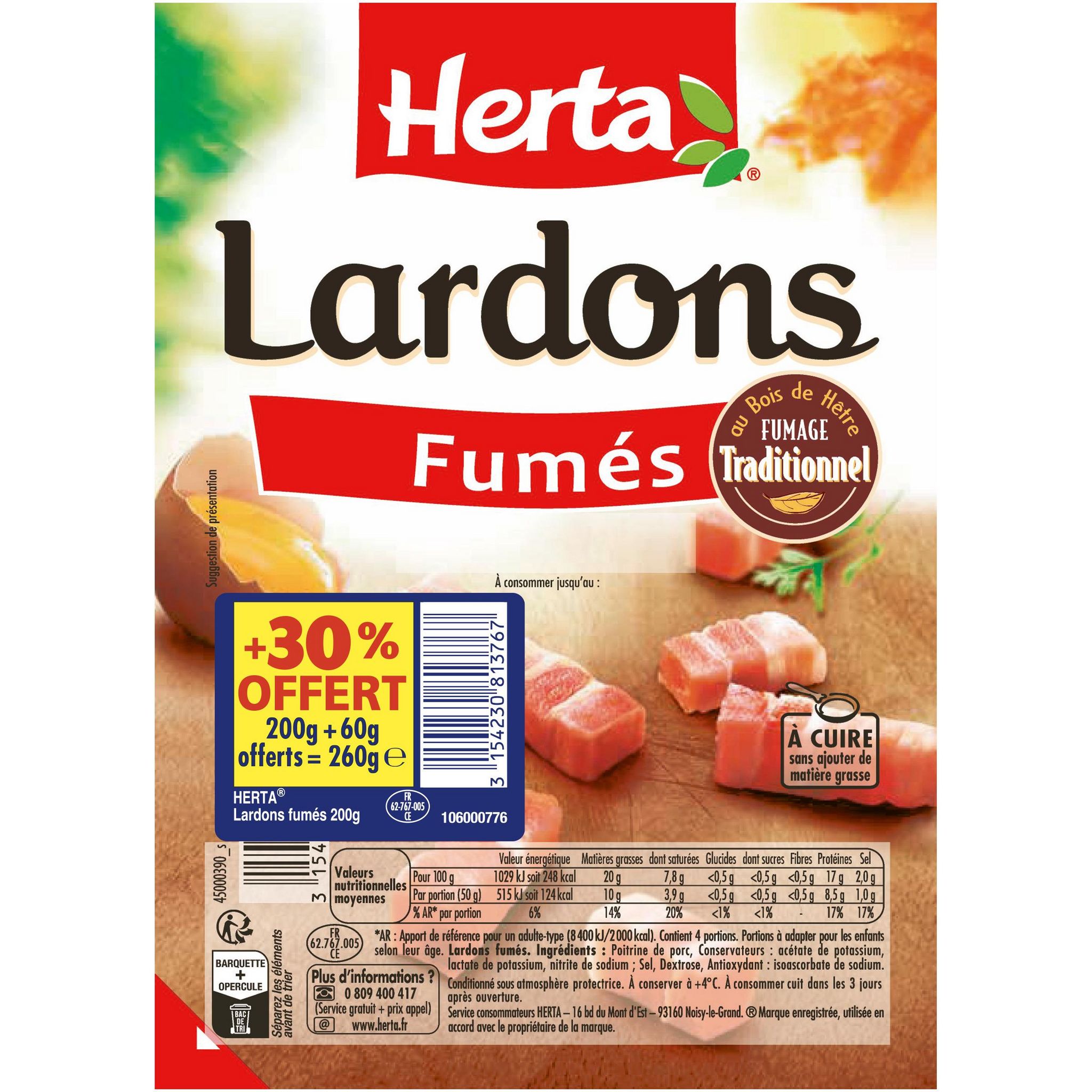 HERTA Lardons fumés au bois de hêtre fumage traditionnel 200g + 60g offerts
