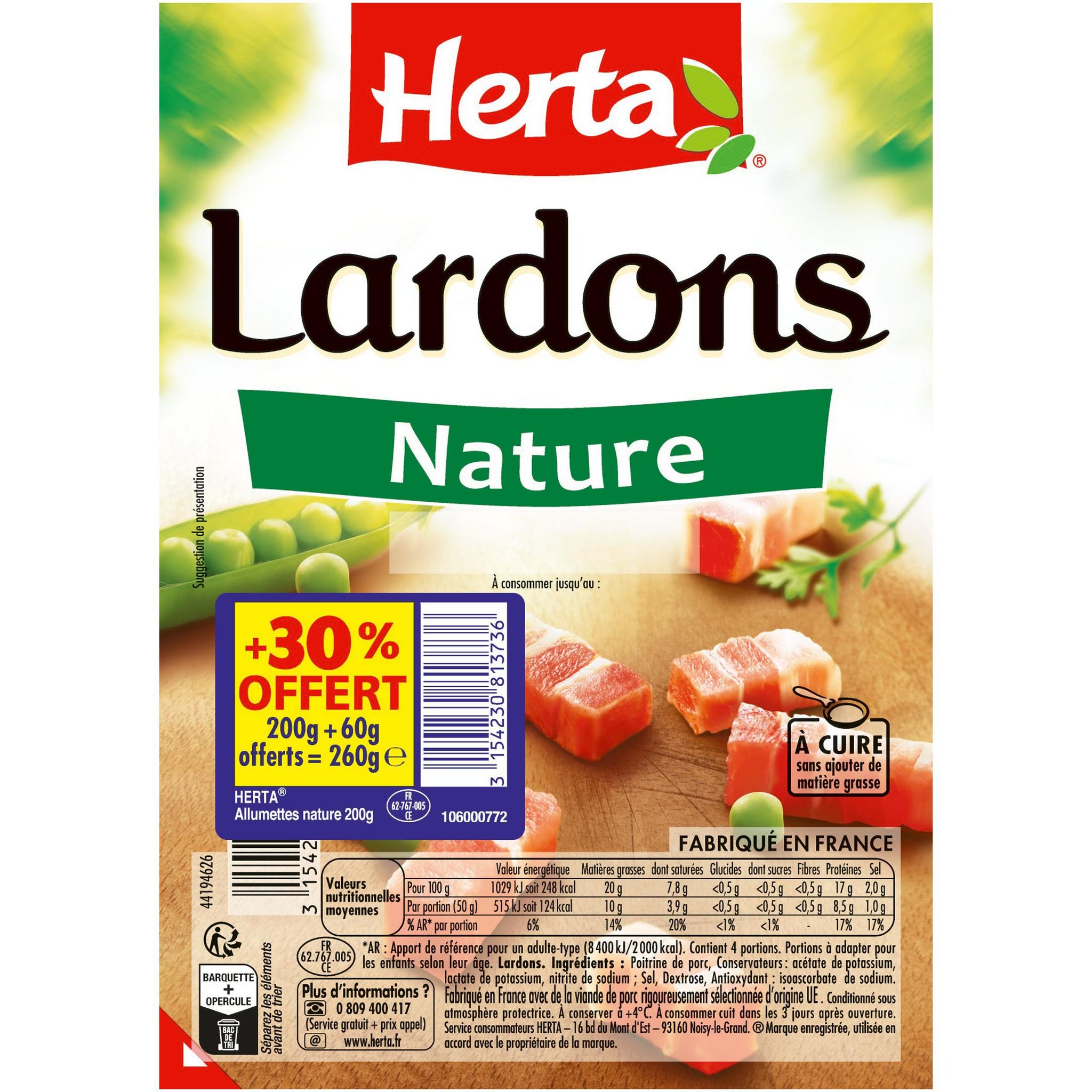HERTA Lardons nature 200g + 60g offerts