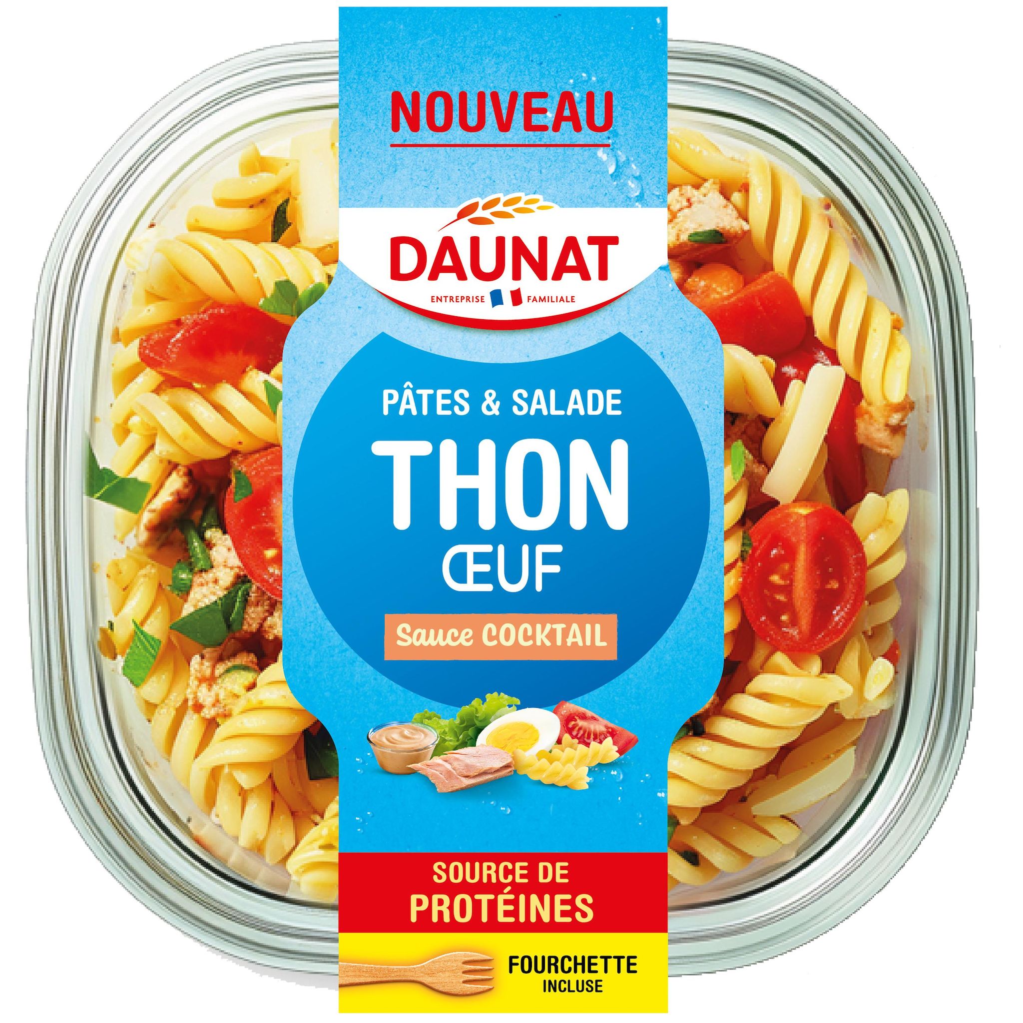 DAUNAT Salade de pâtes thon oeuf sauce cocktail avec fourchette 1 part 250g