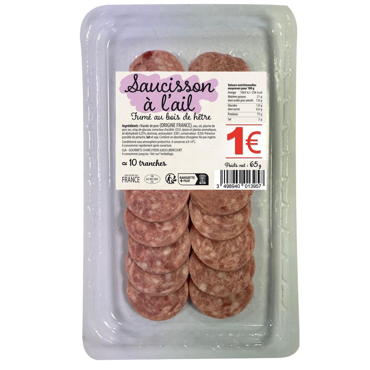 Saucisson à l'ail fumé tranché Env 10 tranches 65g