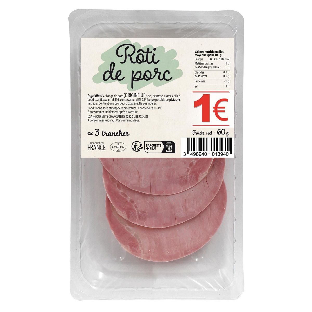 Rôti de porc Environ 3 tranches 60g