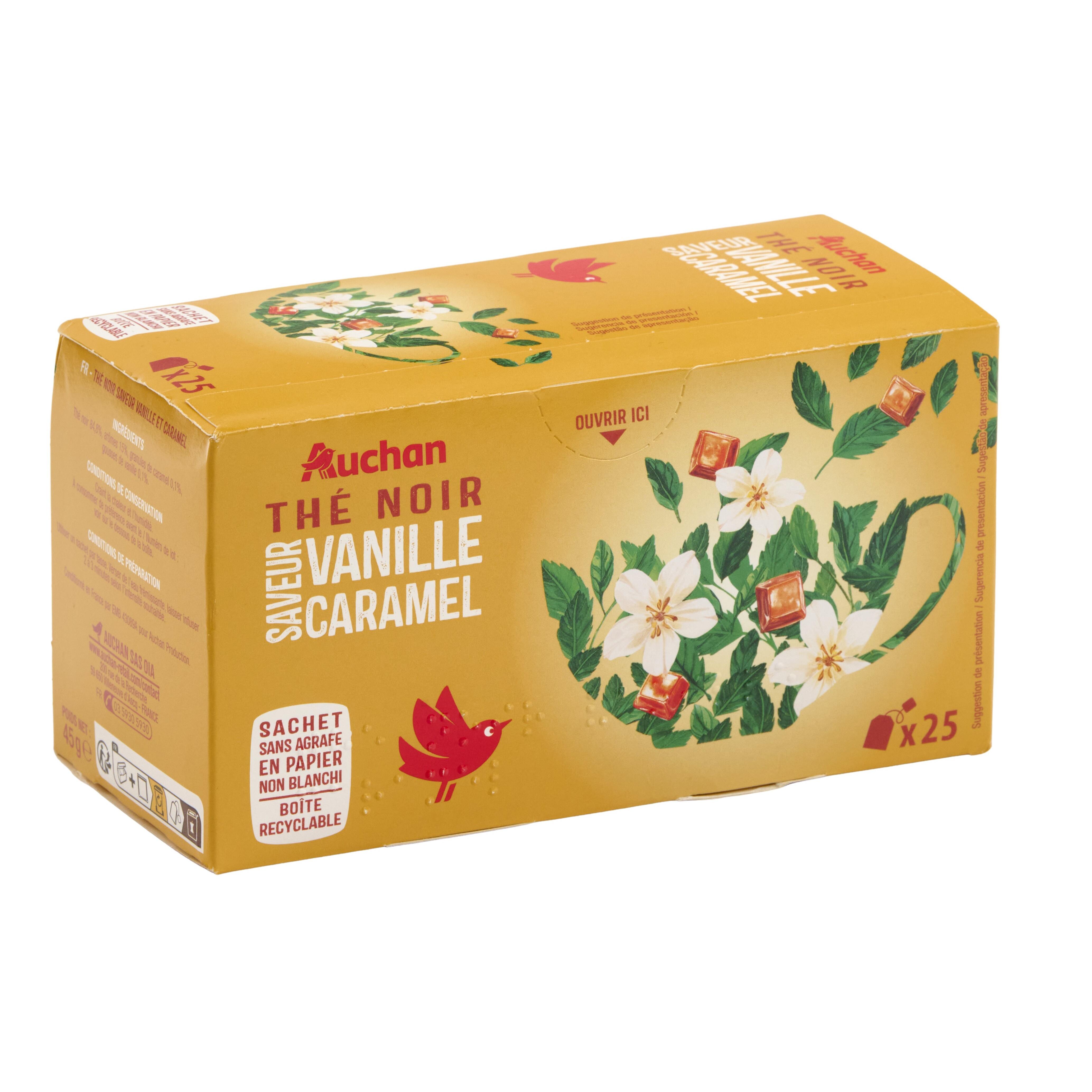 Voir la diapositive 2 : AUCHAN Thé noir saveur vanille caramel 25 sachets 45g