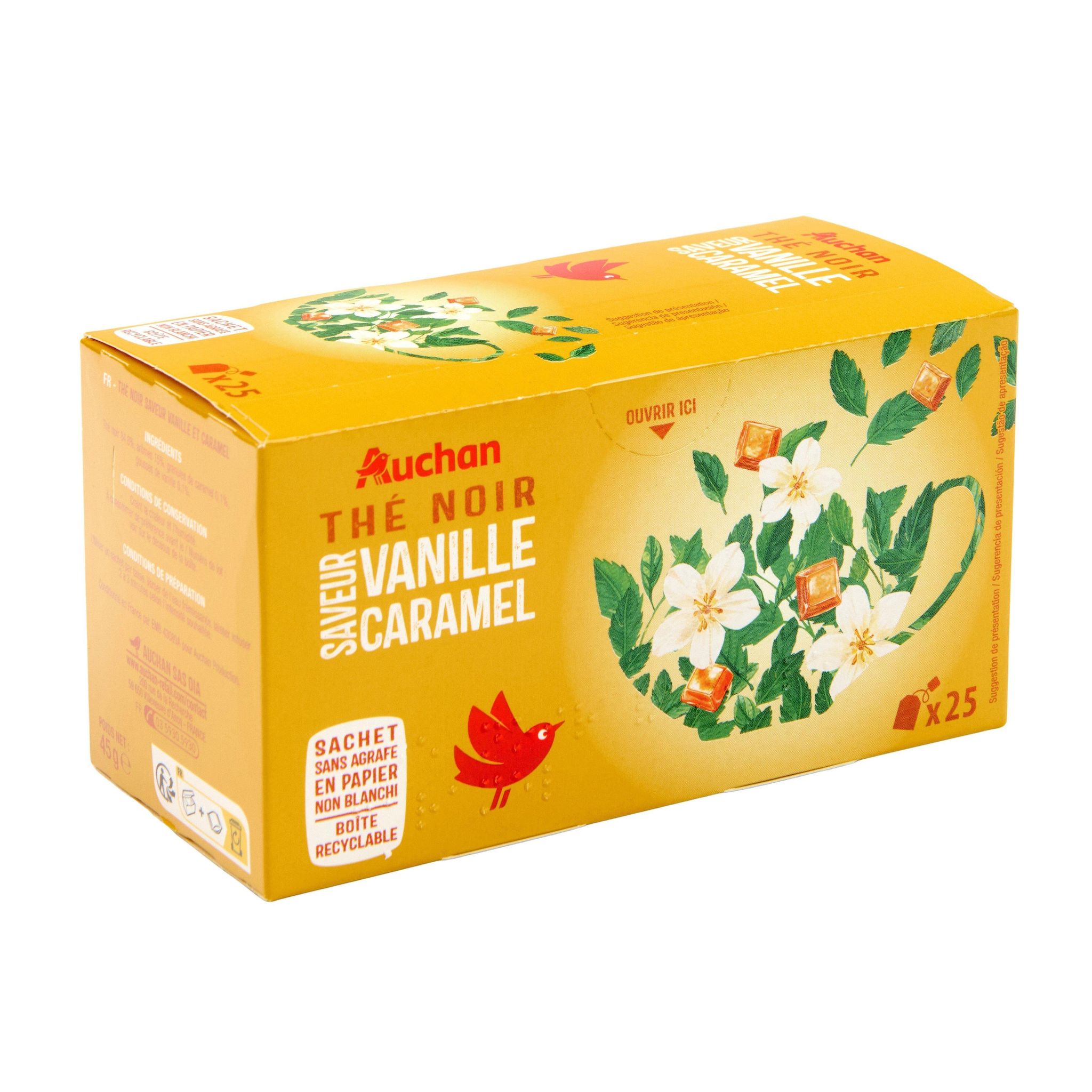 Voir la diapositive 2 : AUCHAN Thé noir saveur vanille caramel 25 sachets 45g
