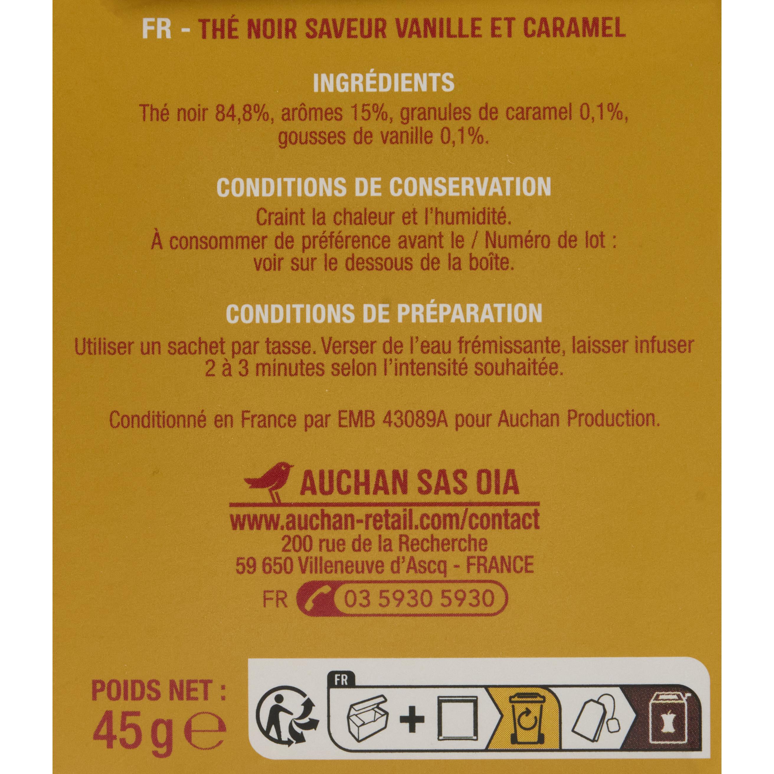 Voir la diapositive 3 : AUCHAN Thé noir saveur vanille caramel 25 sachets 45g