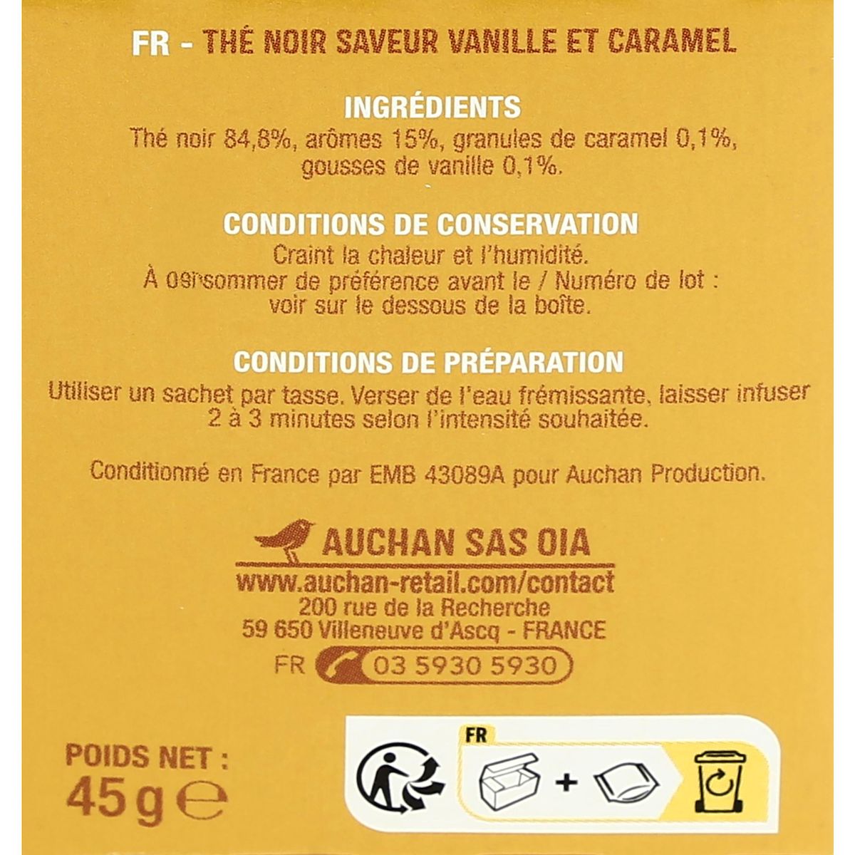 AUCHAN Thé noir saveur vanille caramel 25 sachets 45g
