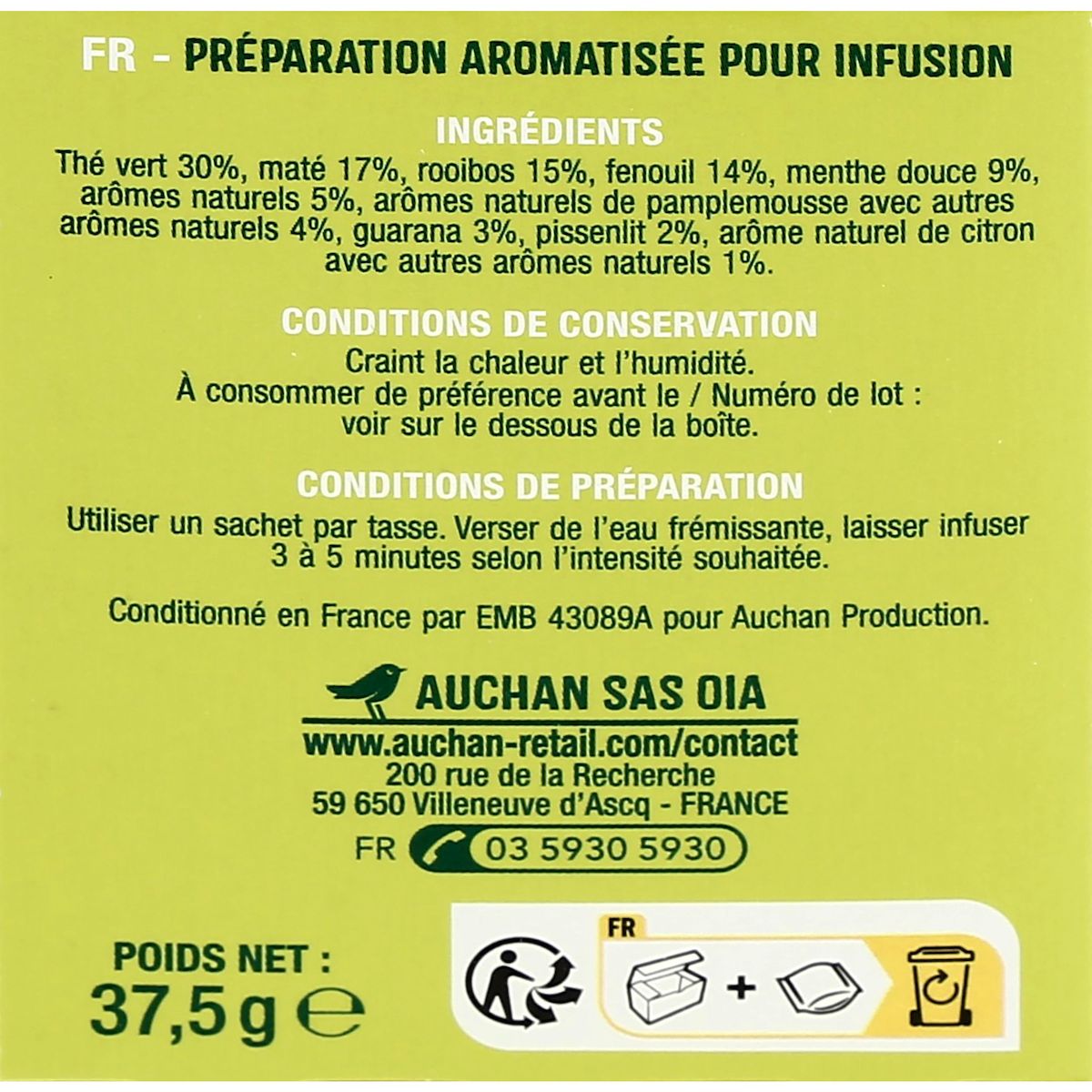 AUCHAN Thé vert aromatisé et maté 25 sachets 37.5g