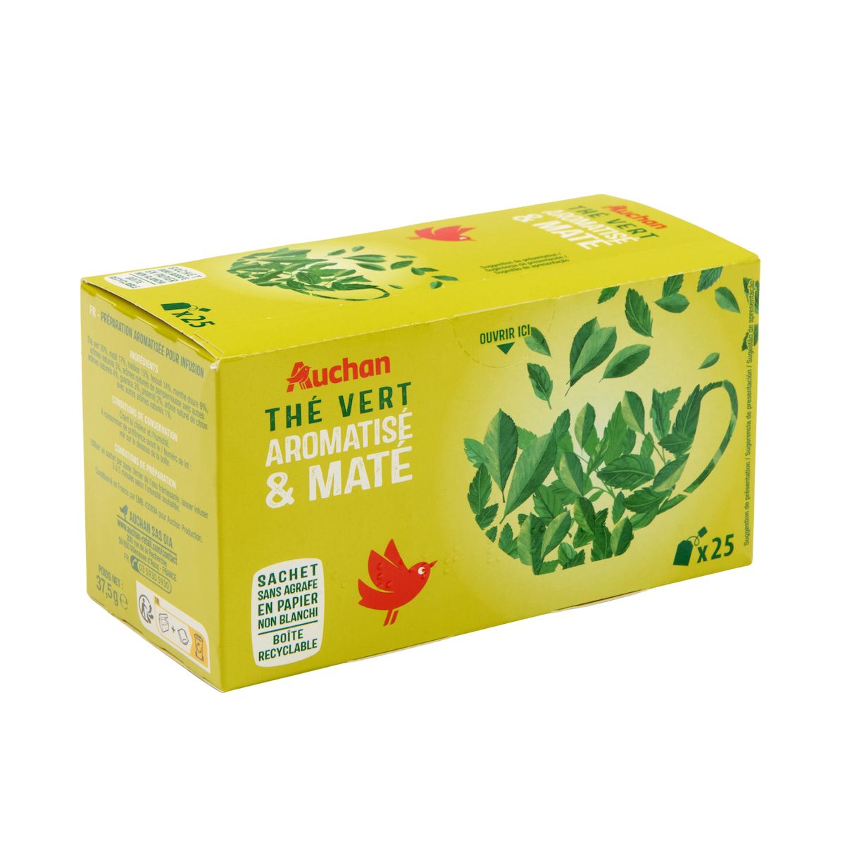 AUCHAN Thé vert aromatisé et maté 25 sachets 37.5g