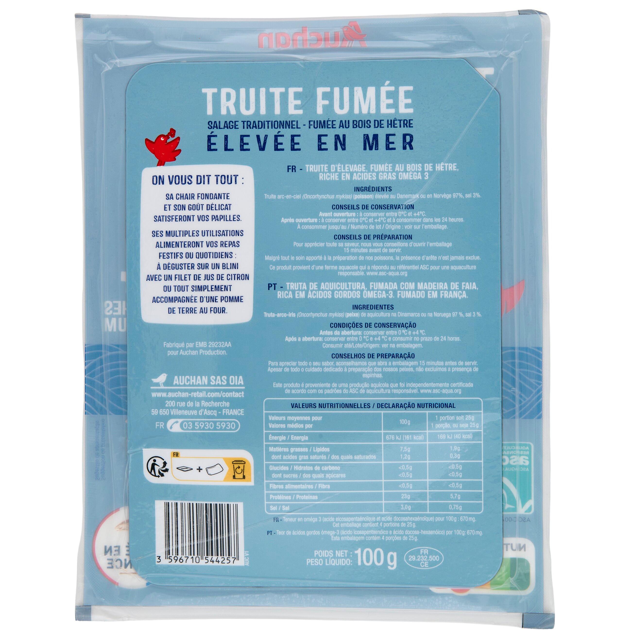 Voir la diapositive 2 : AUCHAN Truite fumée élevée en mer 4 tranches 100g