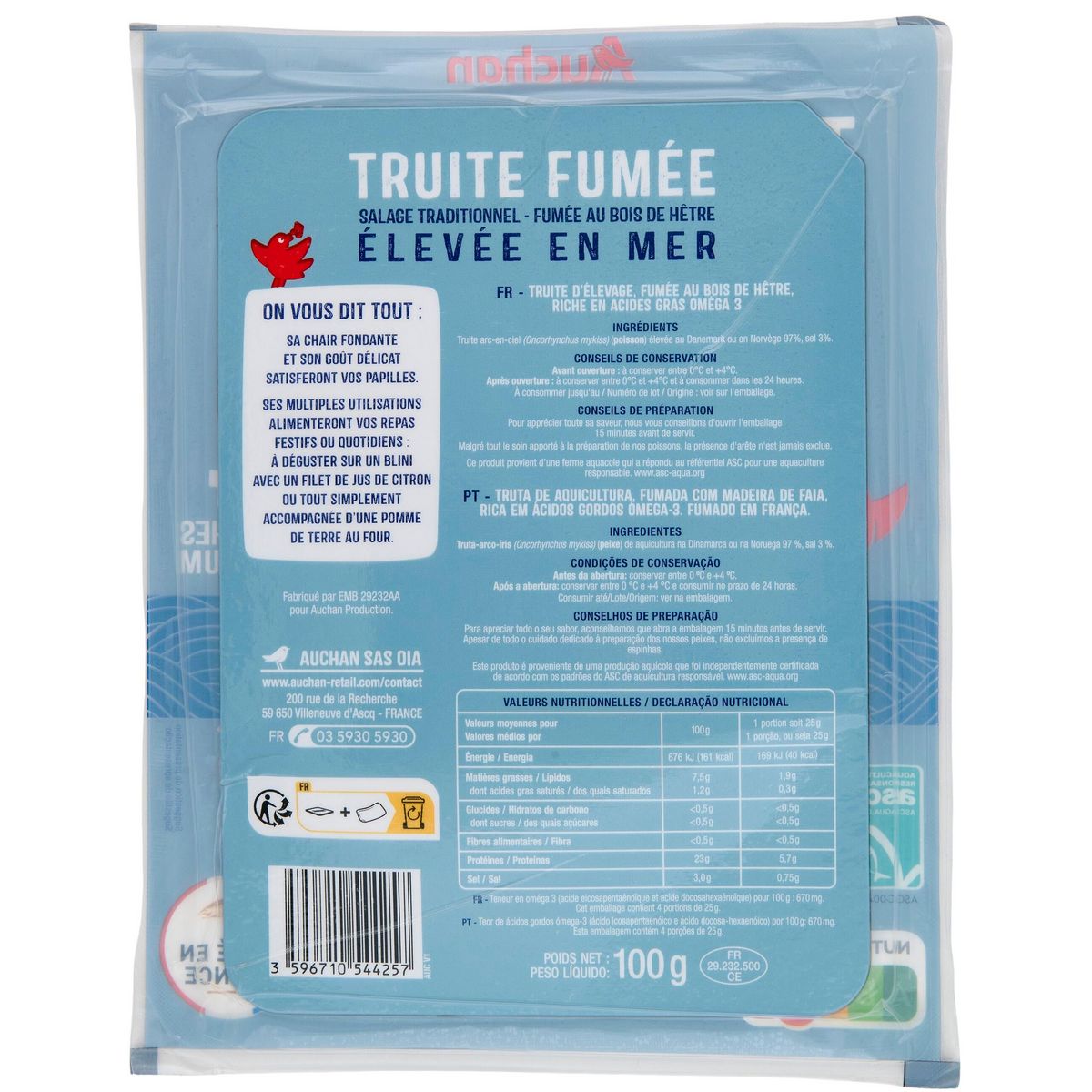AUCHAN Truite fumée élevée en mer 4 tranches 100g