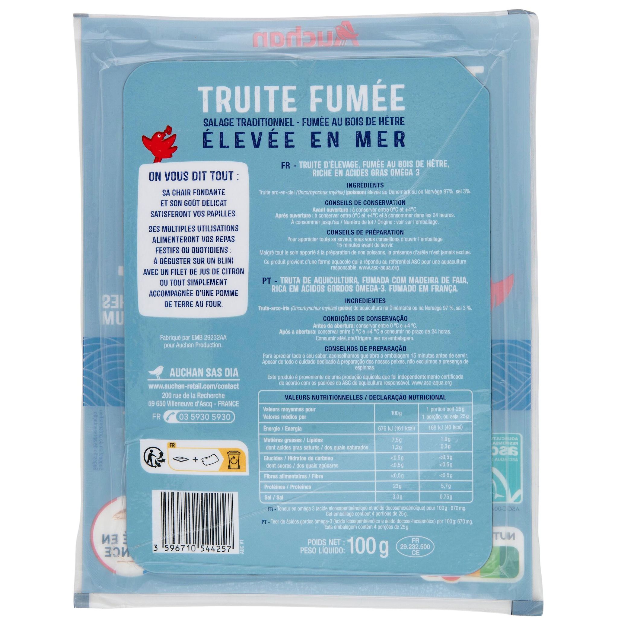 Voir la diapositive 3 : AUCHAN Truite fumée élevée en mer 4 tranches 100g