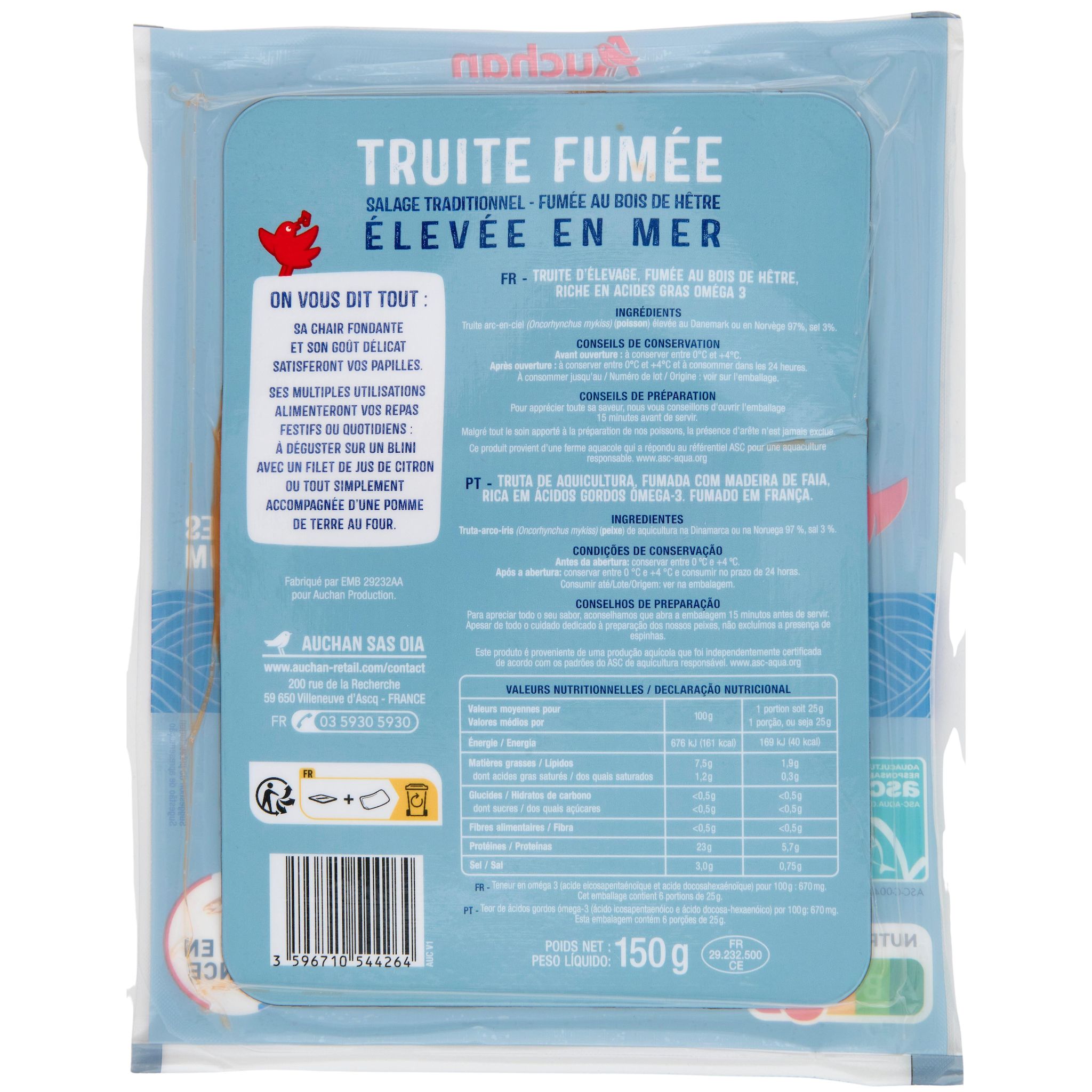 Voir la diapositive 2 : AUCHAN Truite fumée au bois de hêtre élevée en mer 6 tranches 150g
