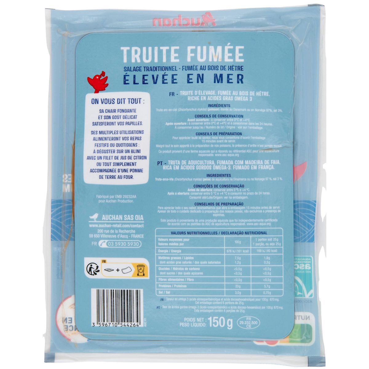 AUCHAN Truite fumée au bois de hêtre élevée en mer 6 tranches 150g