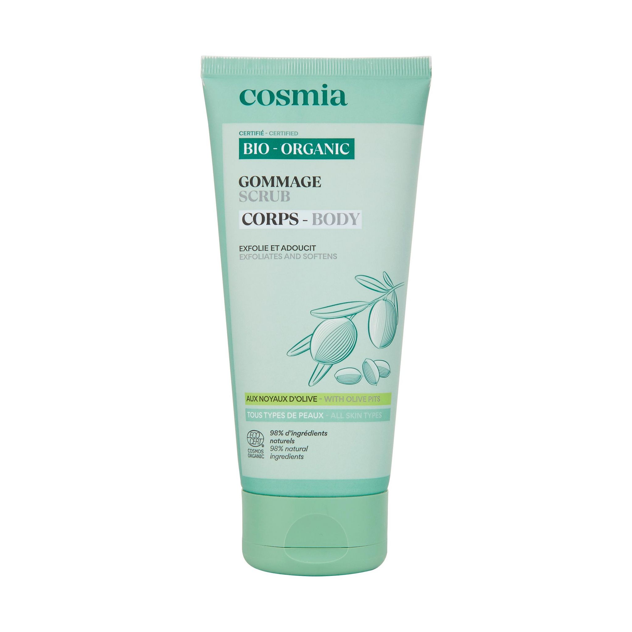 Voir la diapositive 3 : COSMIA Gommage corps exfolie et adoucit aux noyaux d'olive bio 150ml