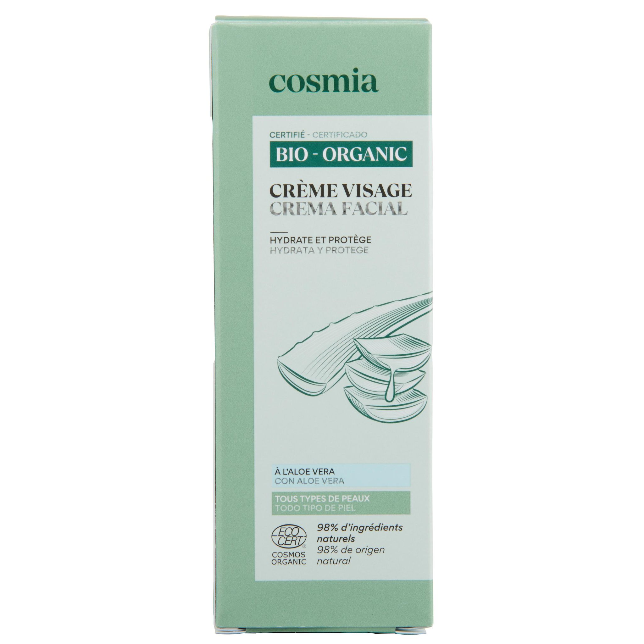 Voir la diapositive 5 : COSMIA BIO Crème hydratante et protectrice à l'aloé véra pour tous types de peaux 50ml