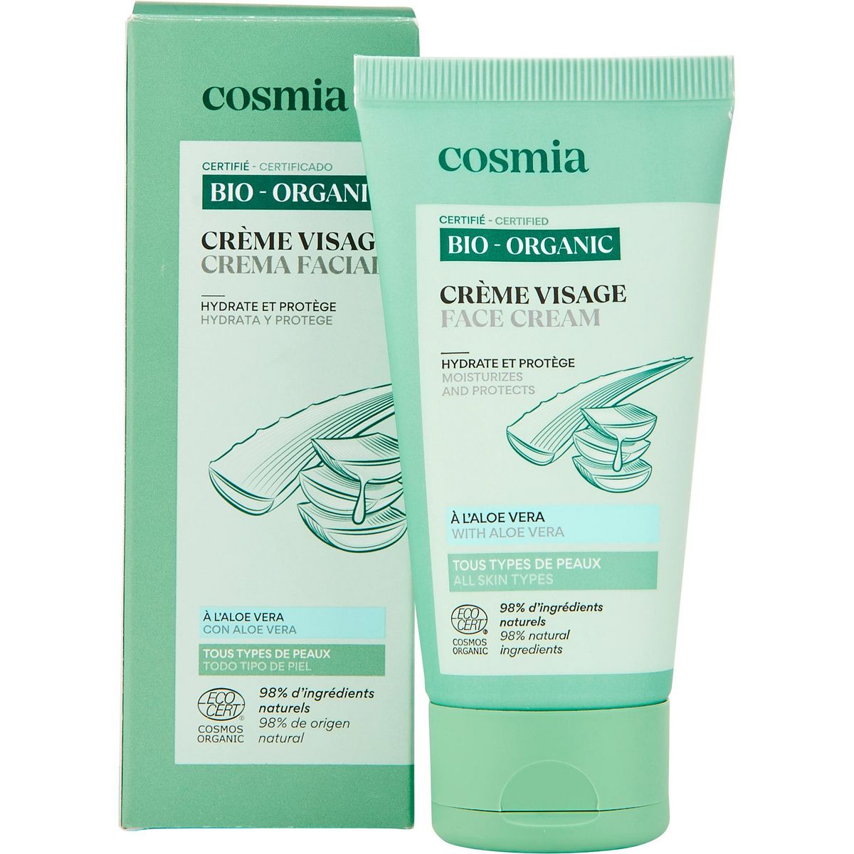 COSMIA BIO Crème hydratante et protectrice à l'aloé véra pour tous types de peaux 50ml