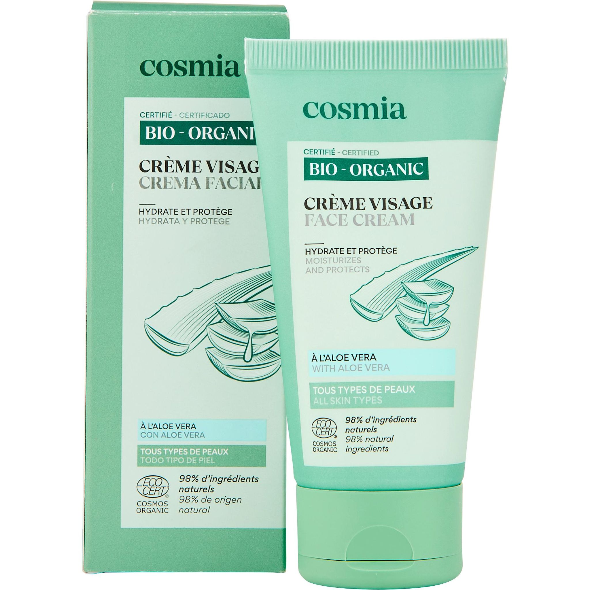 Voir la diapositive 6 : COSMIA BIO Crème hydratante et protectrice à l'aloé véra pour tous types de peaux 50ml