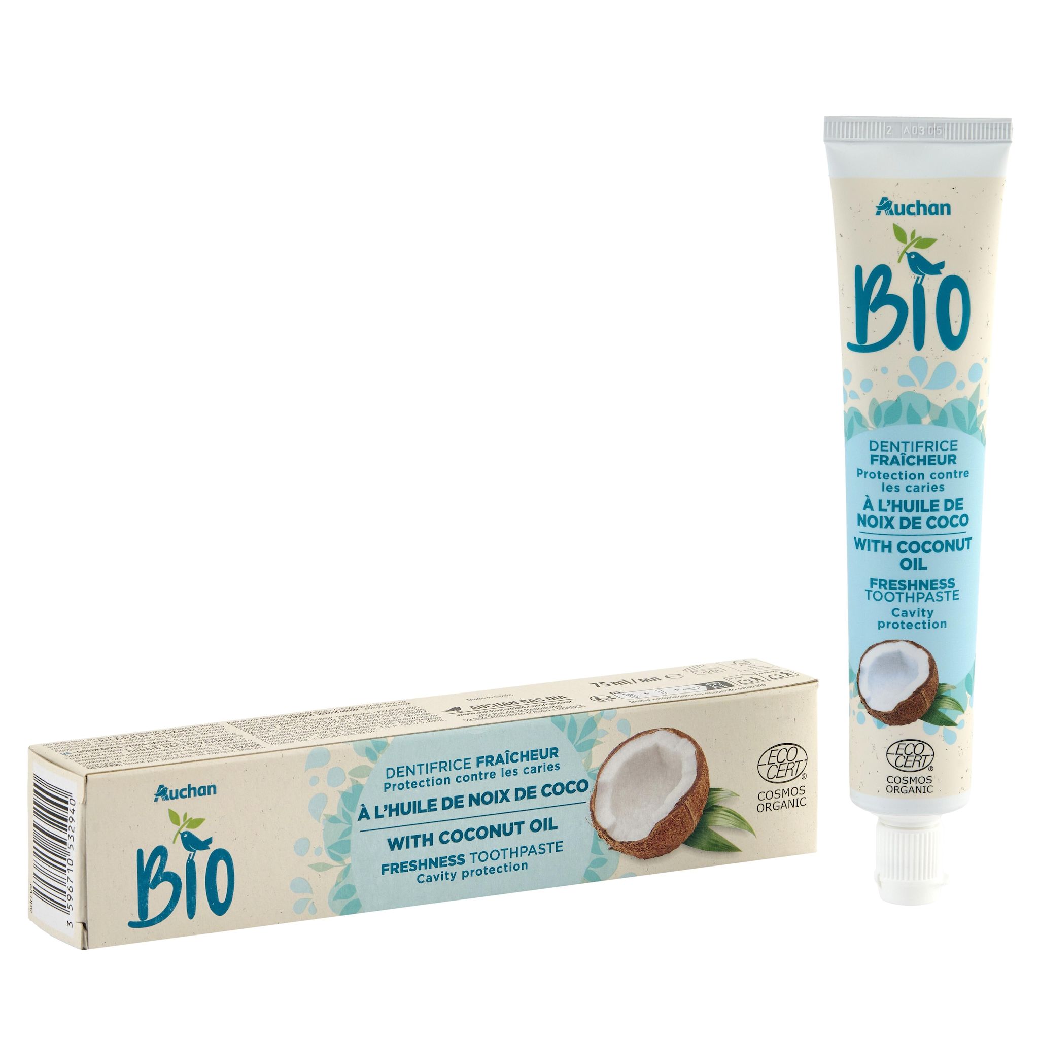 Voir la diapositive 4 : AUCHAN Dentifrice bio parfum noix de coco 75ml