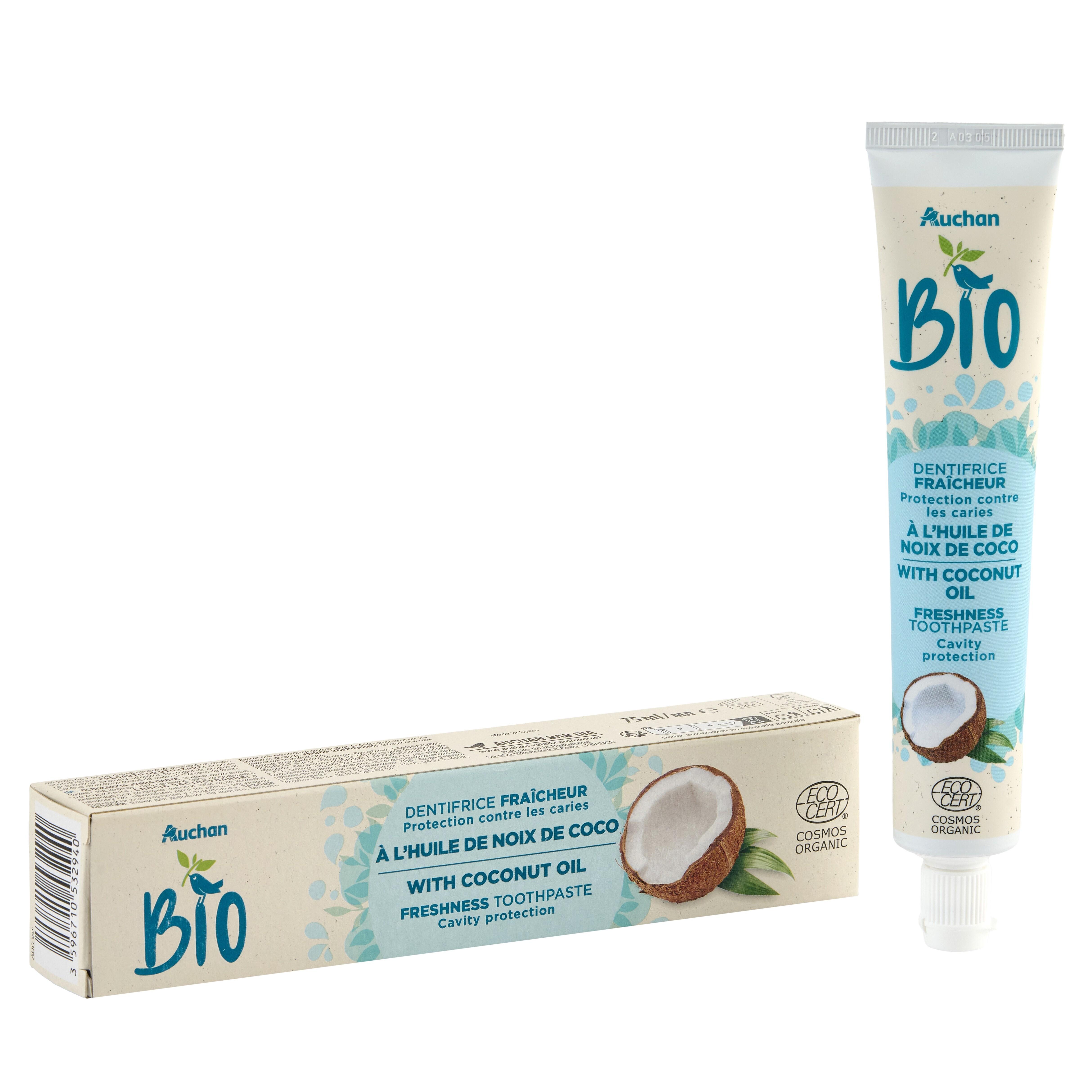 Voir la diapositive 5 : AUCHAN Dentifrice bio parfum noix de coco 75ml