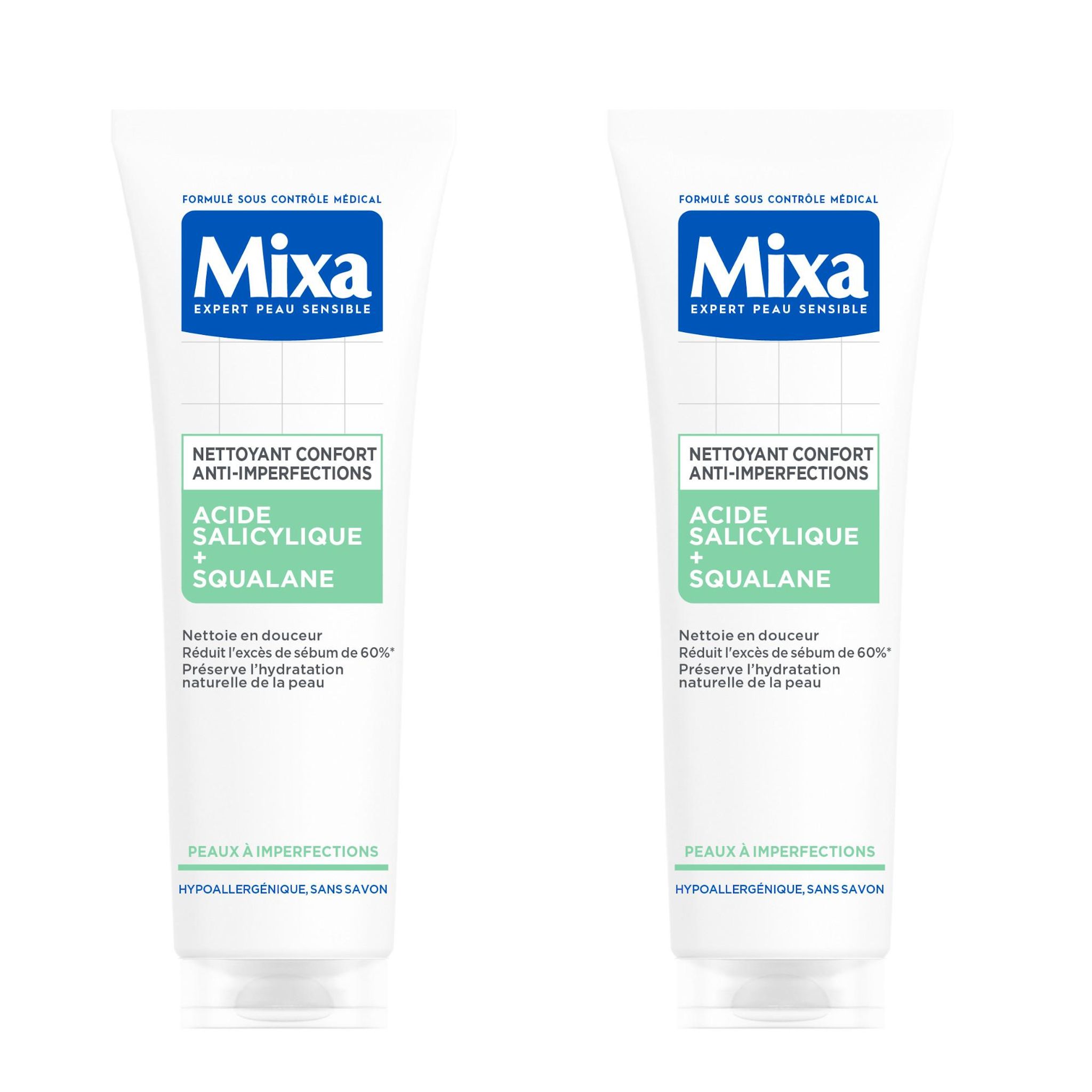 MIXA Nettoyant confort anti-imperfections à l'acide salicylique et squalane peaux à imperfections 2x150ml