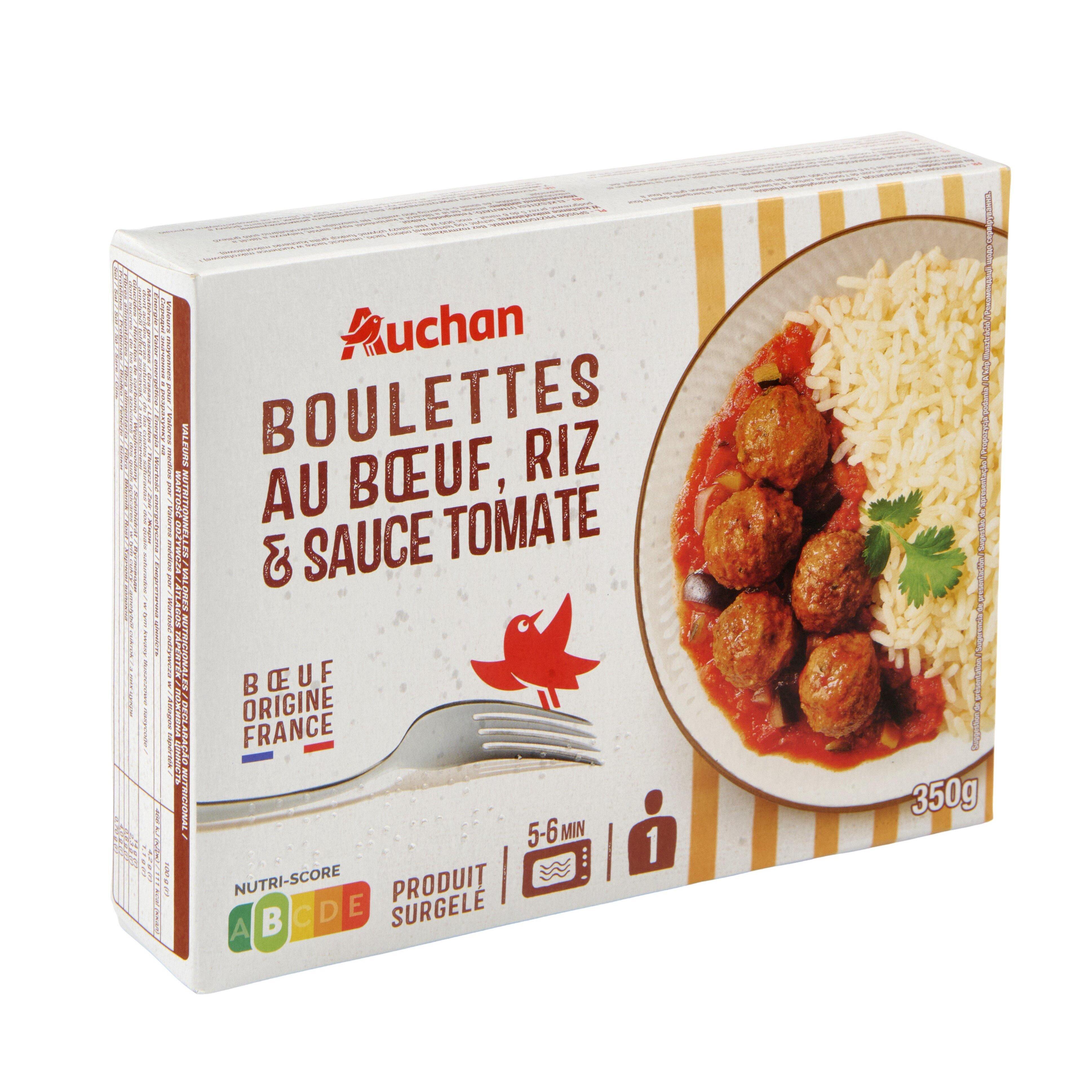 Voir la diapositive 2 : AUCHAN Boulettes de bœuf et riz 350g