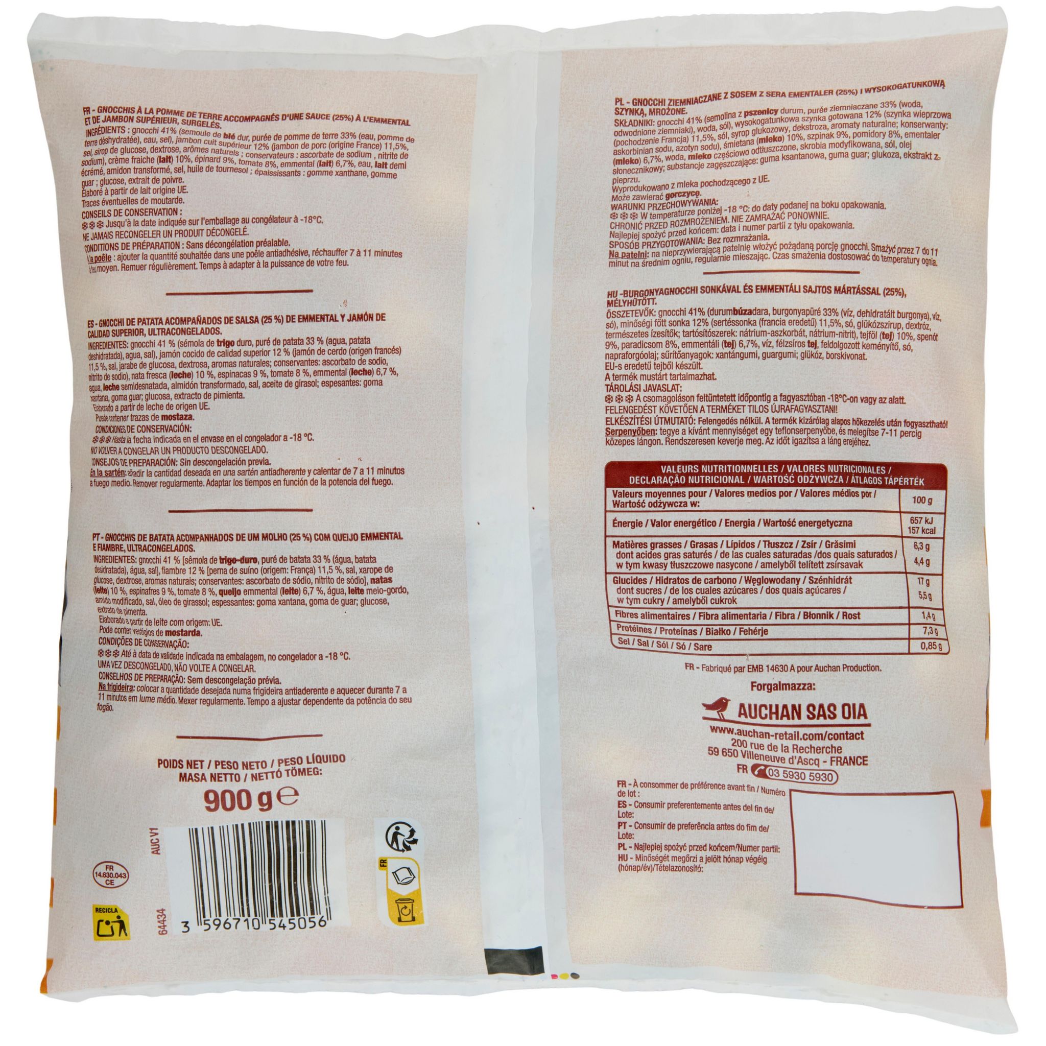 Voir la diapositive 2 : AUCHAN Gnocchis jambon emmental épinards 3 portions 900g