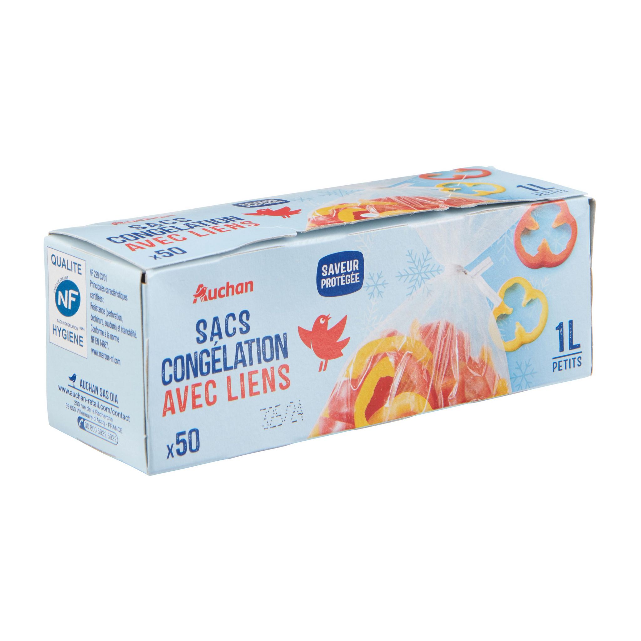 Voir la diapositive 2 : AUCHAN Sacs de congélation avec liens 1L 50sac
