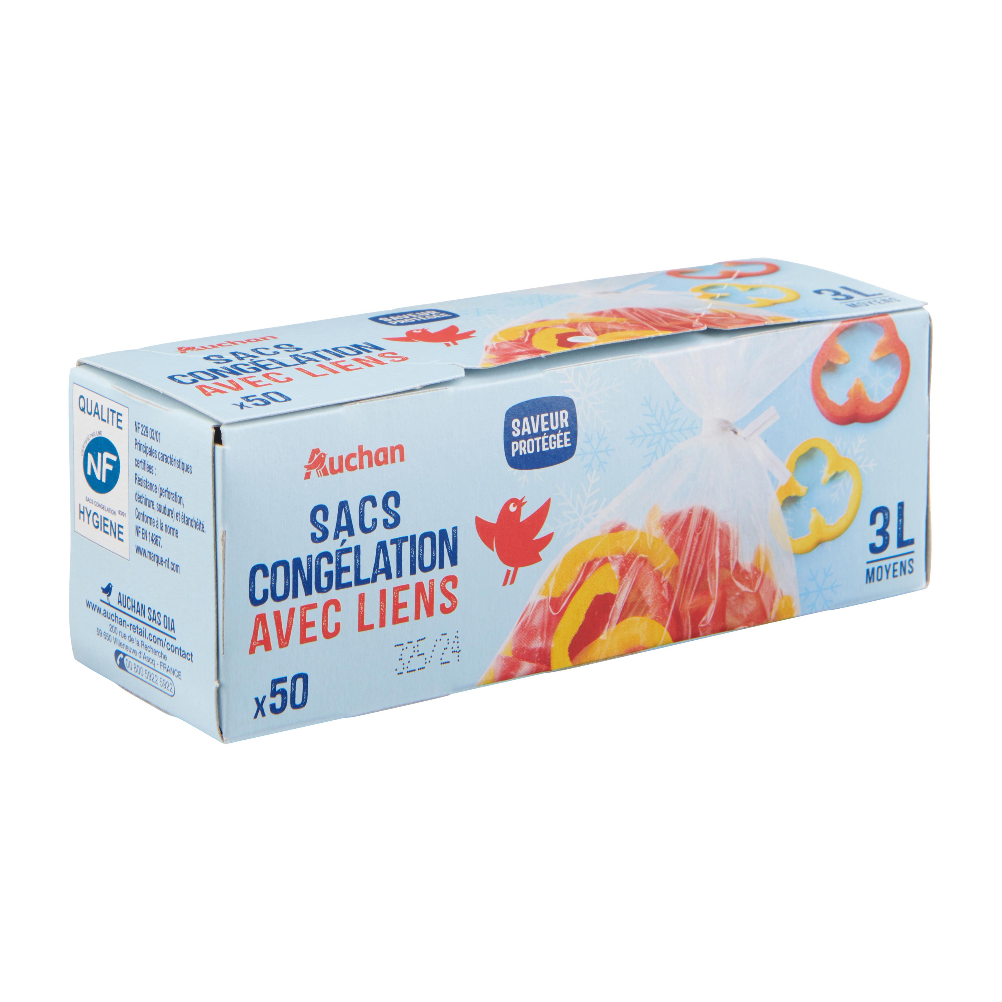 Voir la diapositive 3 : AUCHAN Sacs de congélation avec liens 3L 50 sacs