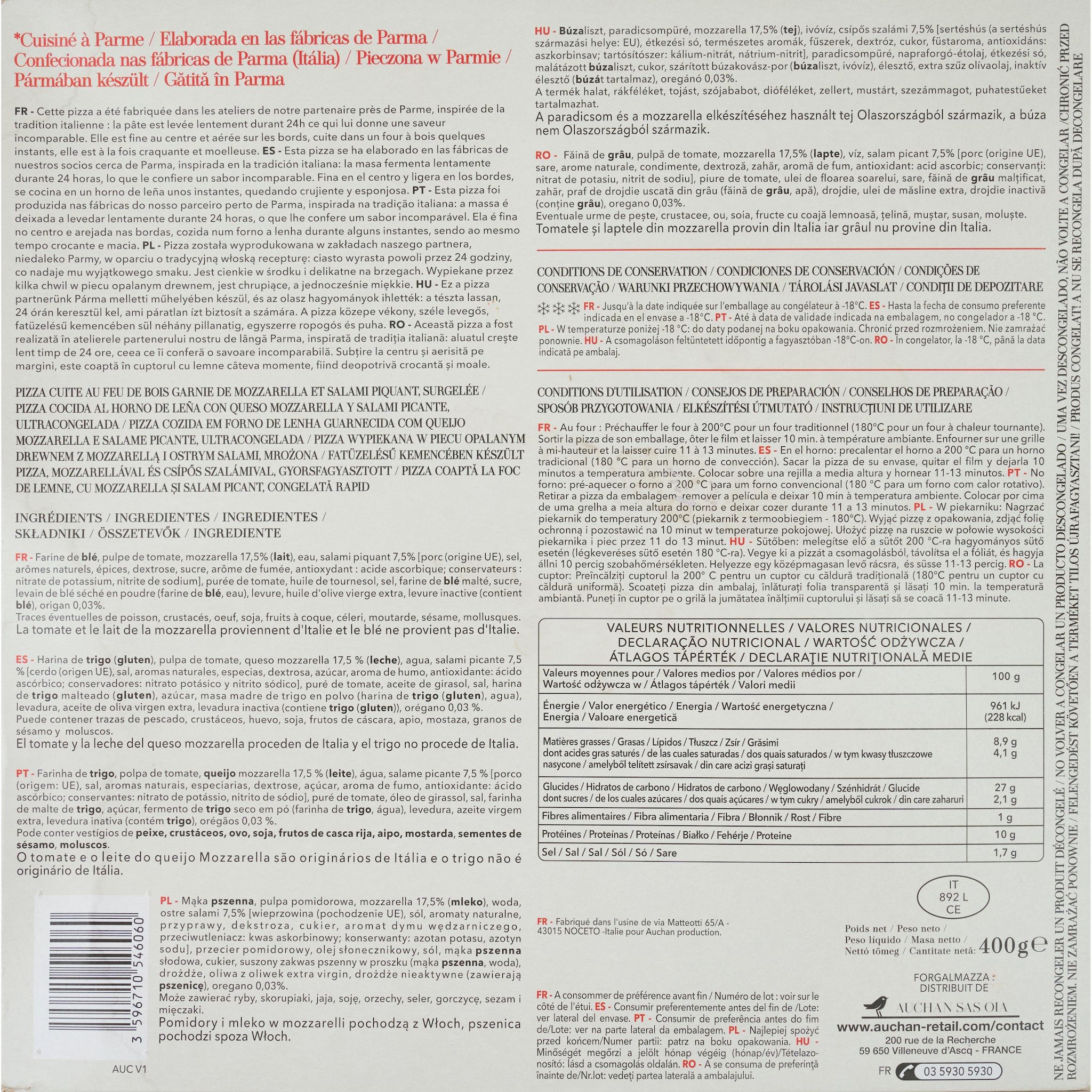 Voir la diapositive 2 : AUCHAN TAVOLA IN ITALIA Pizza diavola cuite au feu de bois 400g