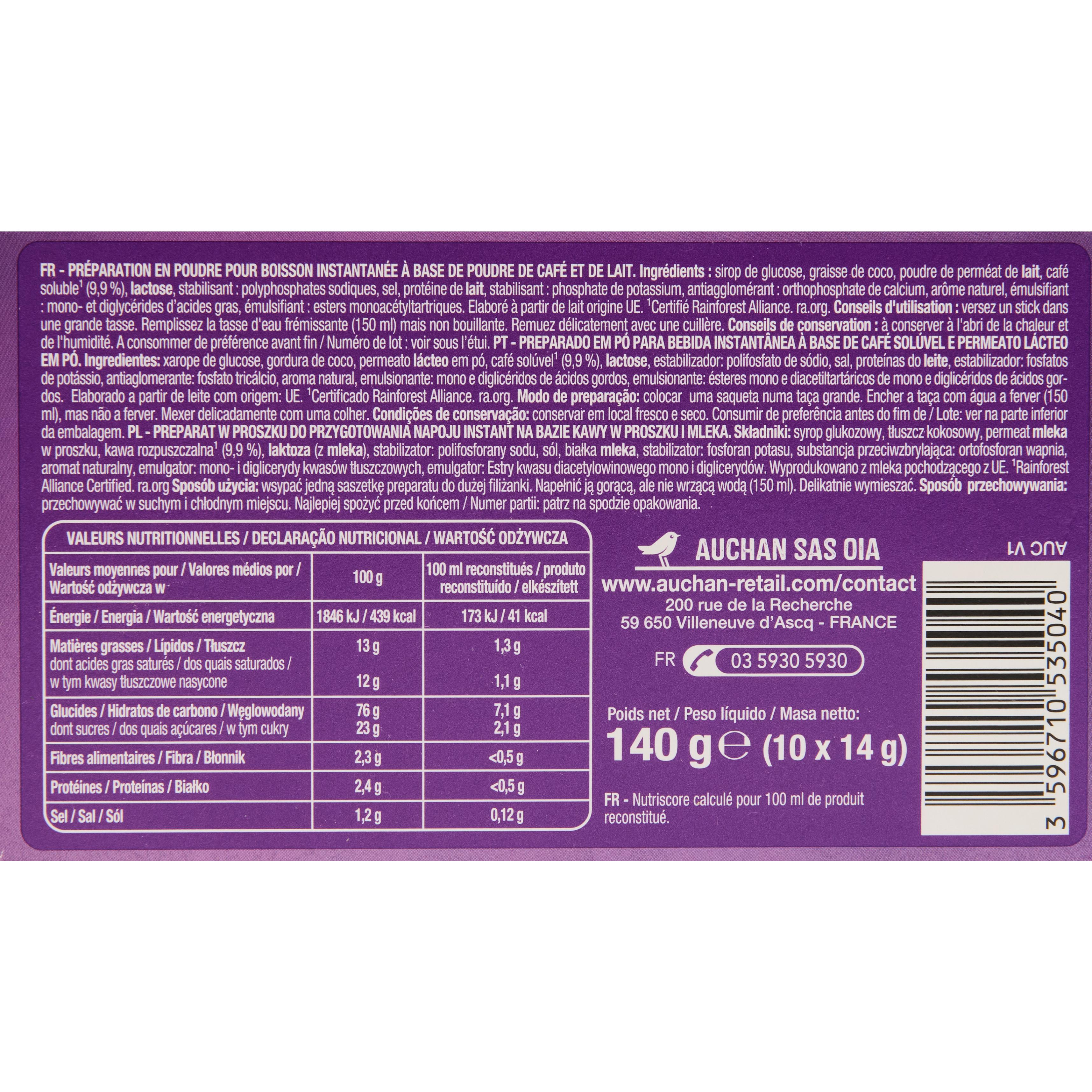 Voir la diapositive 2 : AUCHAN Café 2 en 1 goût café au lait 10 sticks 140g