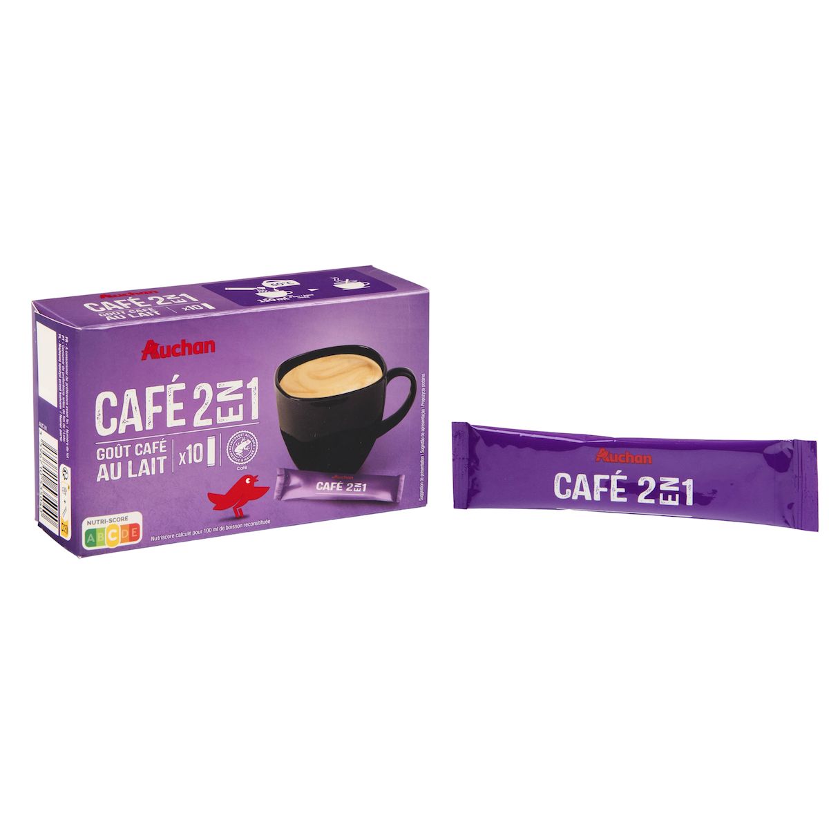 AUCHAN Café 2 en 1 goût café au lait 10 sticks 140g