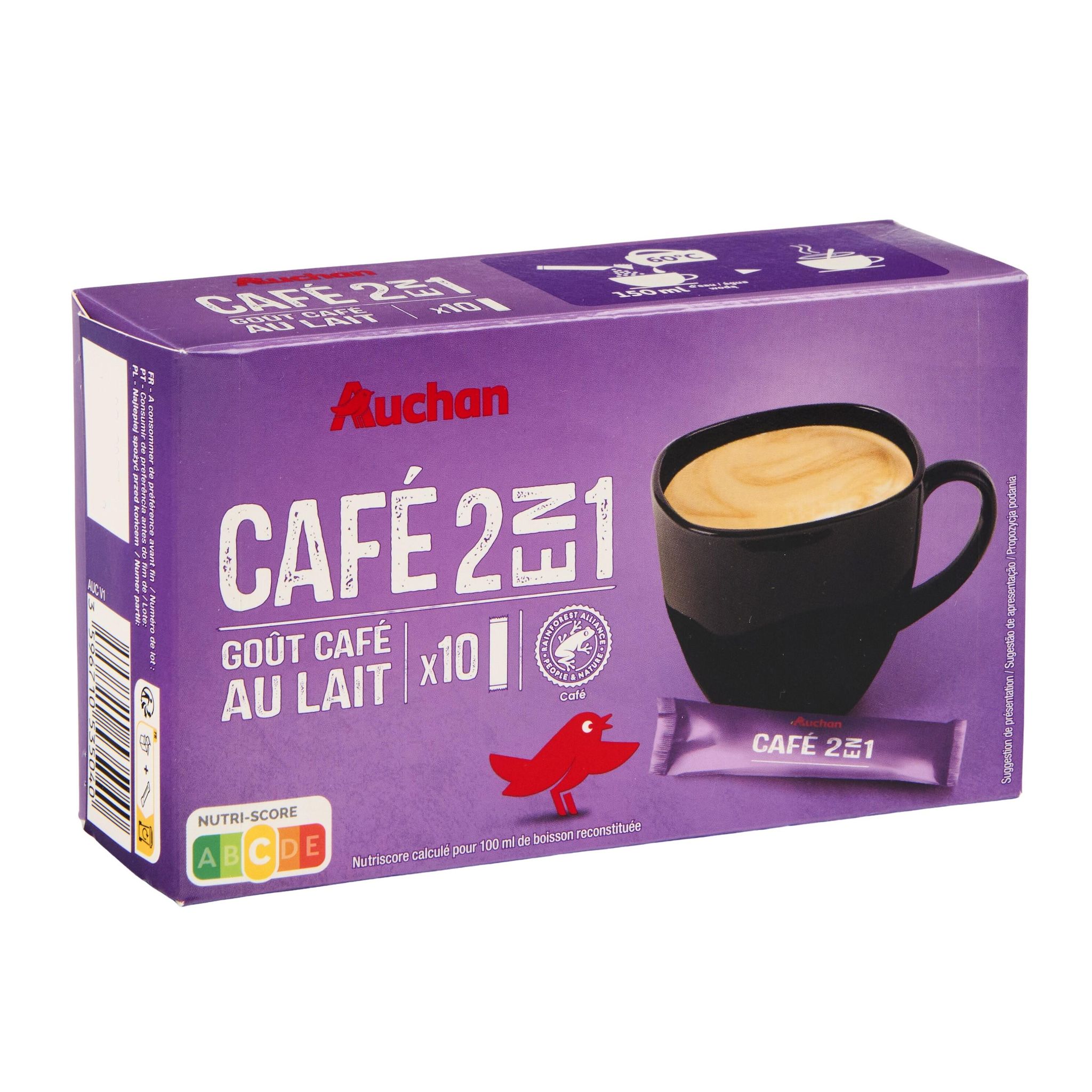 Voir la diapositive 4 : AUCHAN Café 2 en 1 goût café au lait 10 sticks 140g