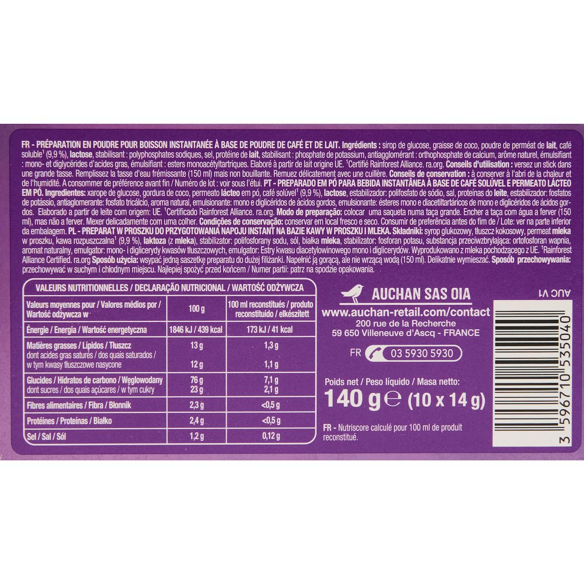 AUCHAN Café 2 en 1 goût café au lait 10 sticks 140g