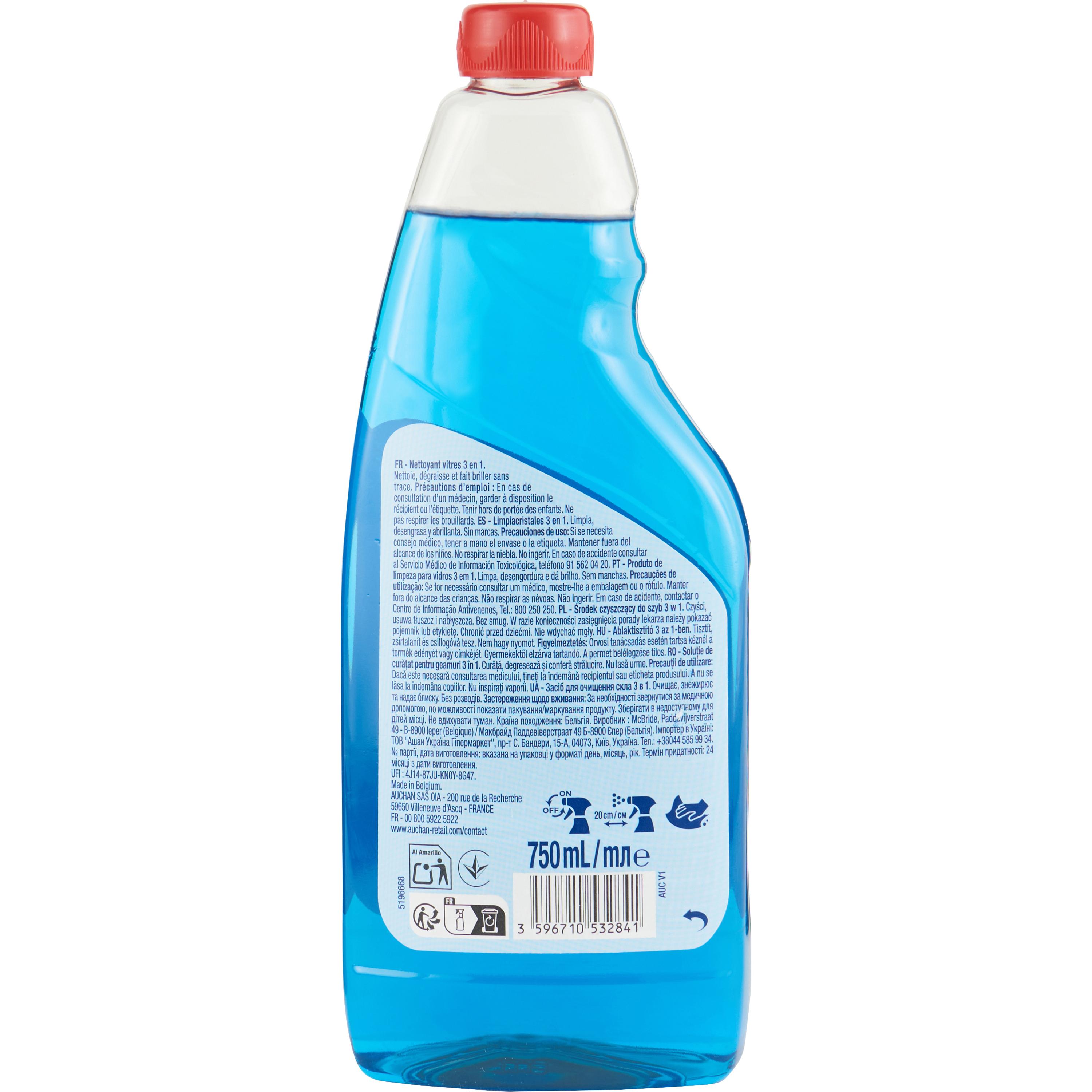 Voir la diapositive 2 : AUCHAN Recharge nettoyant liquide vitres 3 en 1 750ml