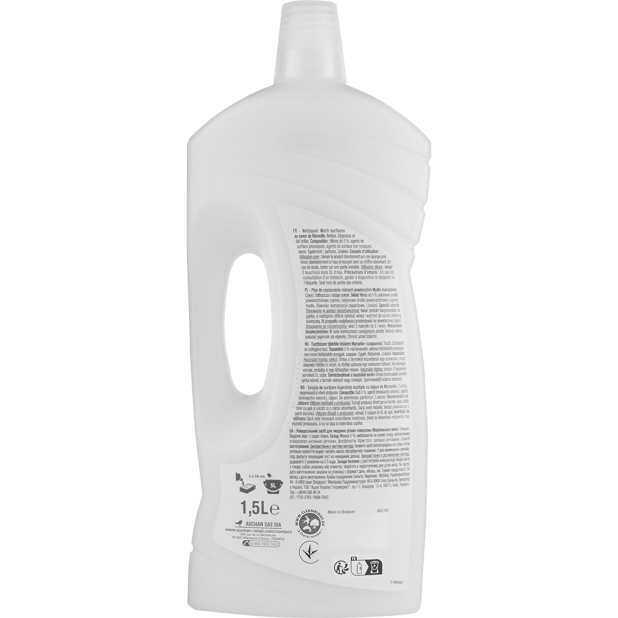 Voir la diapositive 2 : AUCHAN Nettoyant liquide multi-surfaces savon de Marseille 1,5l