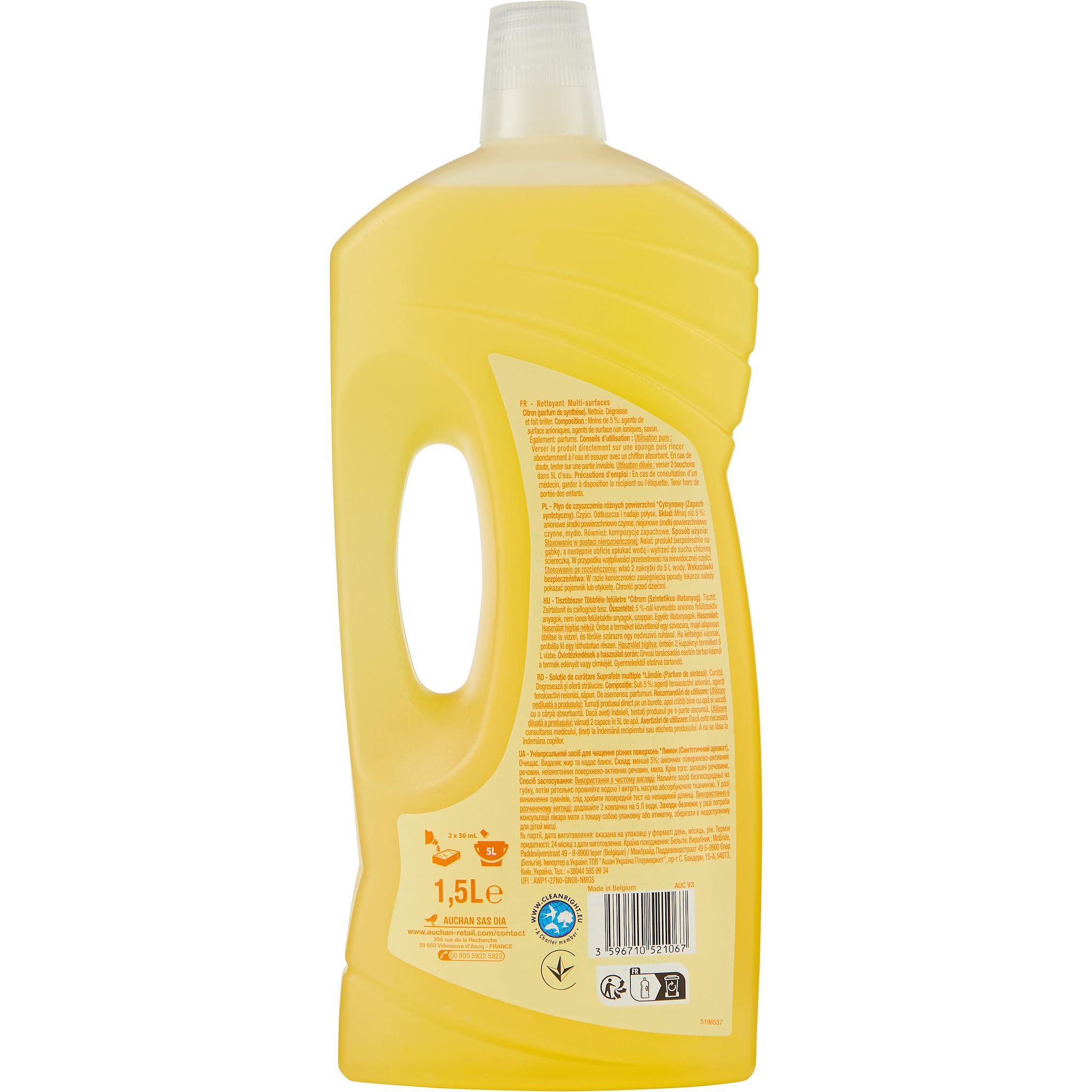 Voir la diapositive 3 : AUCHAN Nettoyant liquide multi-surfaces dégraissant citron 1,5l