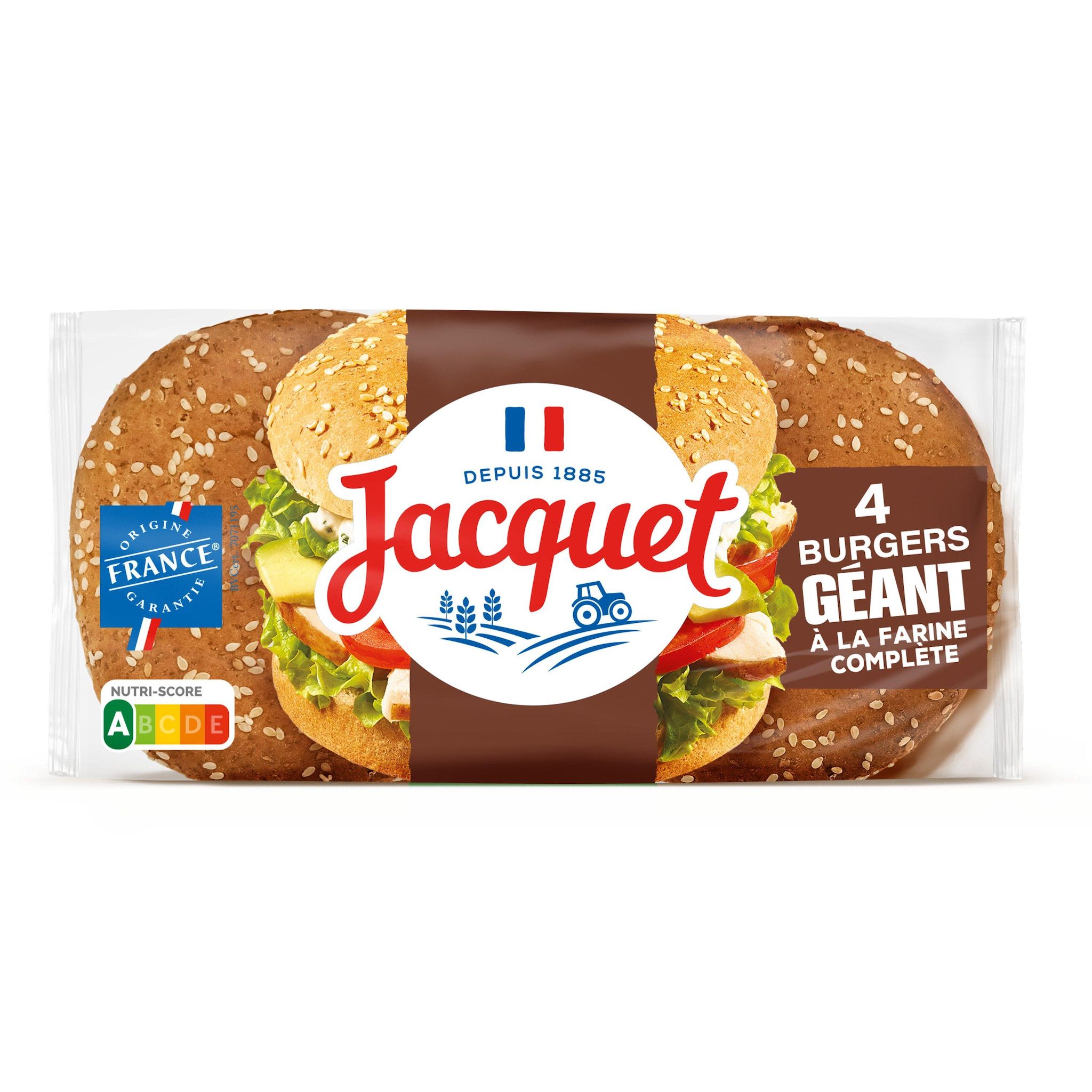Voir la diapositive 2 : JACQUET Pain burger géant à la farine complète 4 pièces 330g